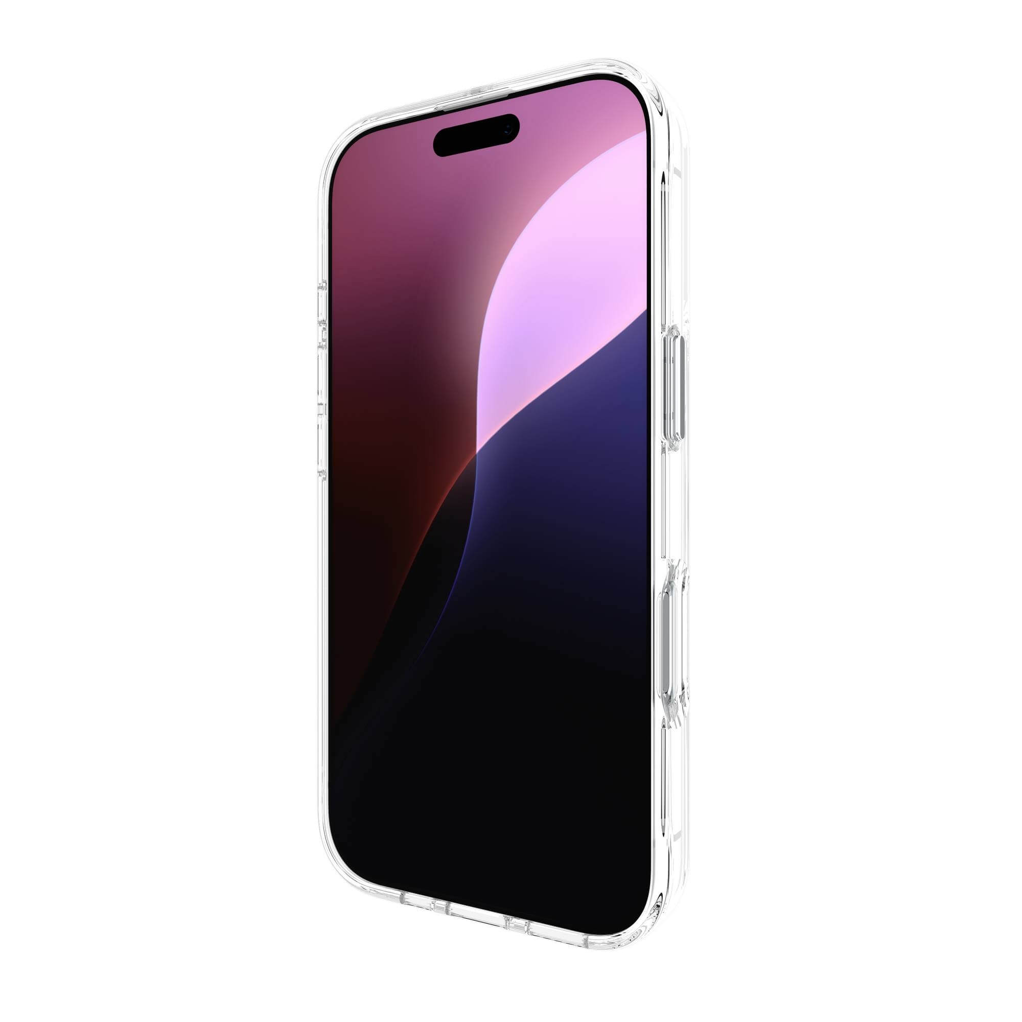 Custodia trasparente per telefono. Telefono con schermo rosa e nero su sfondo bianco.