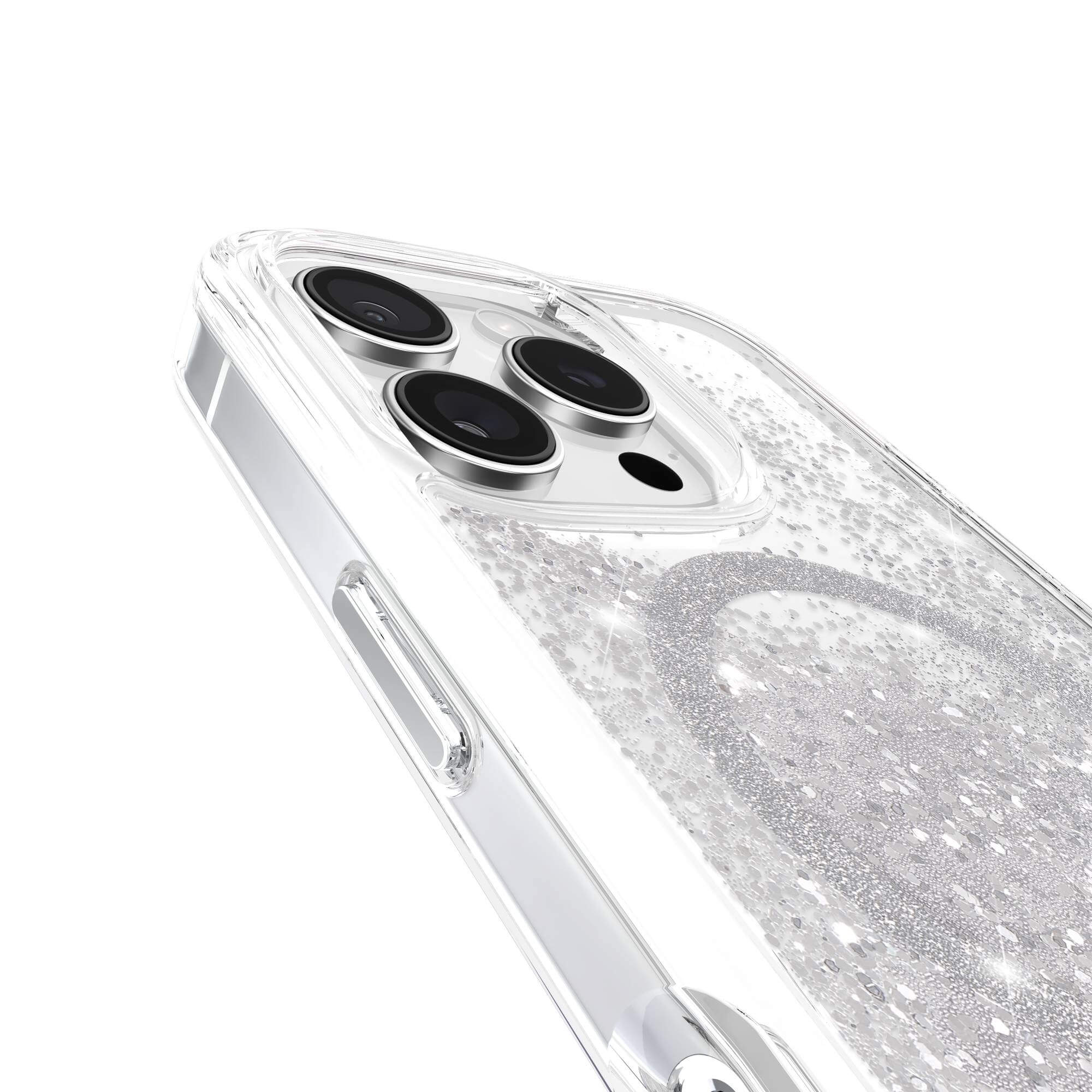 Custodia del telefono con glitter e obiettivi della fotocamera.
