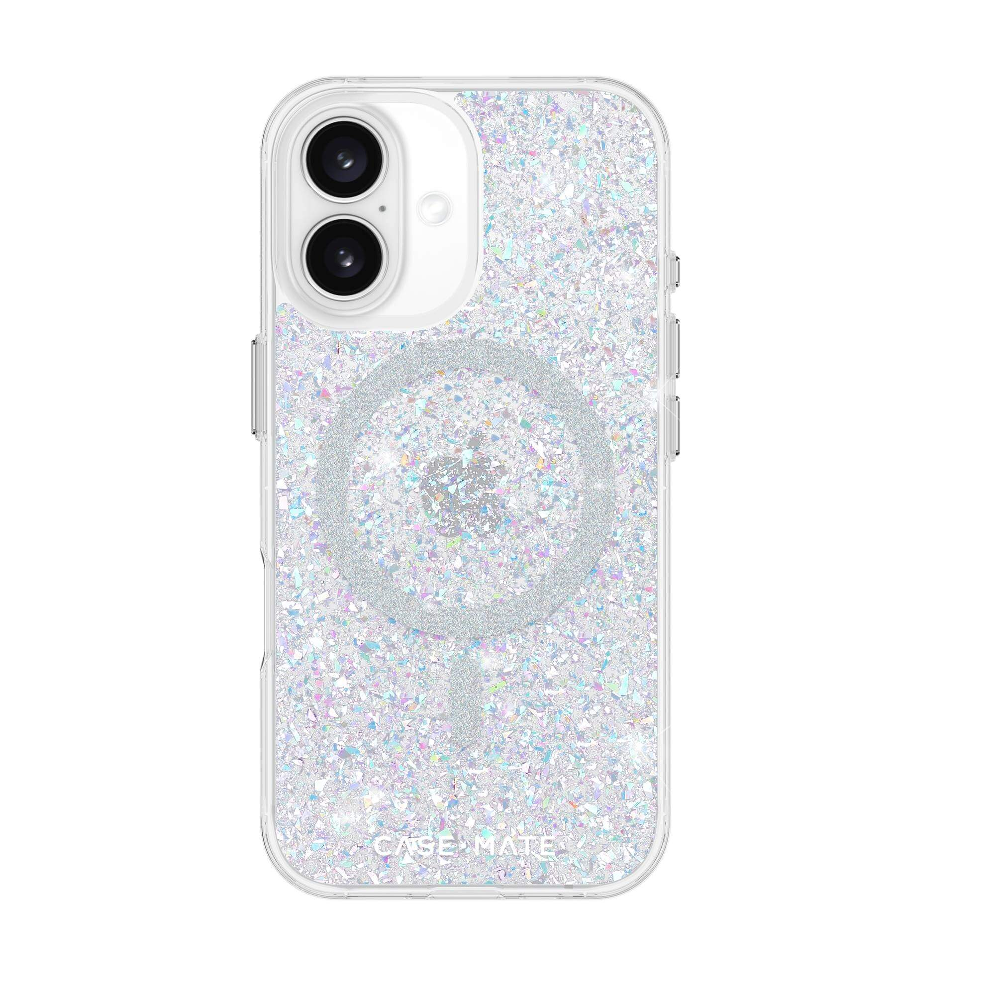 Transparente iPhone-Hülle mit Glitzer. Das Telefon hat zwei Kameras. Text 'CASE MATE' unten.
