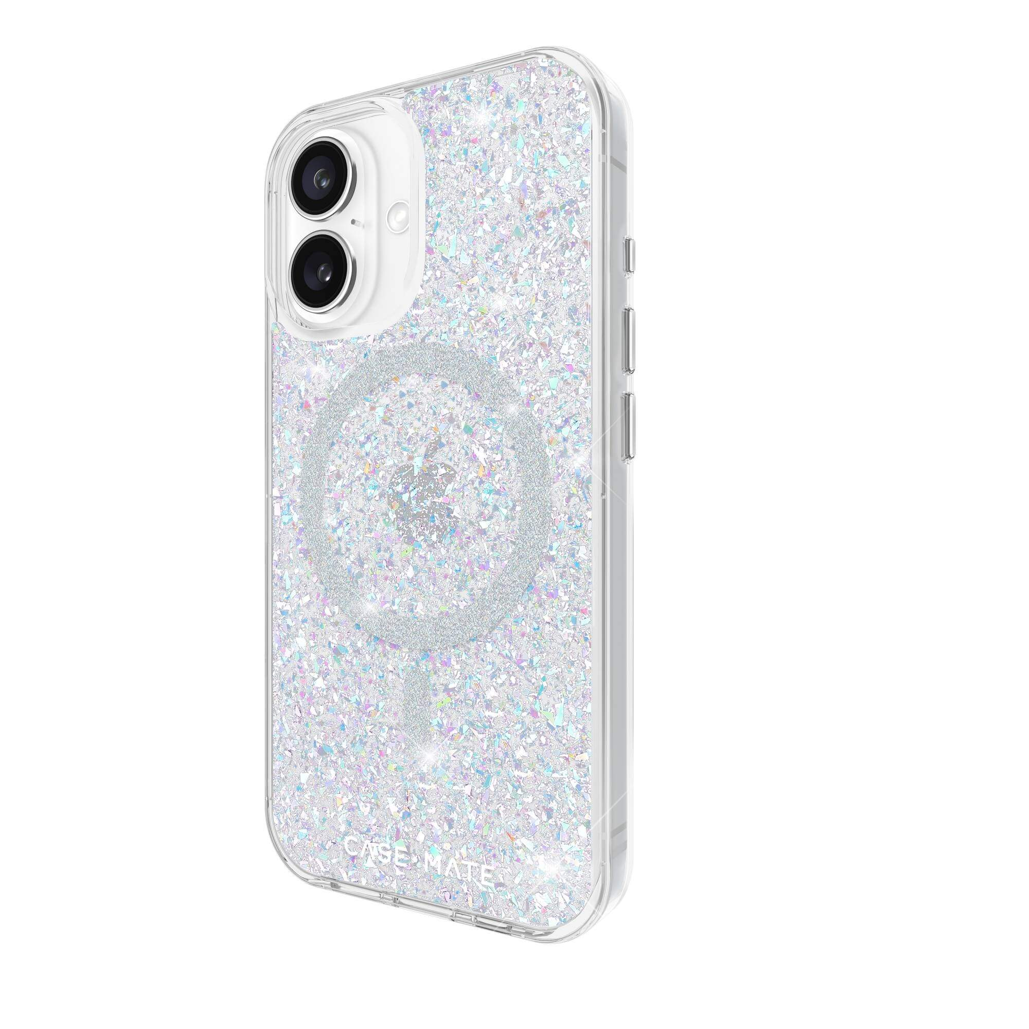 Eine glitzernde Handyhülle mit einem weißen Bereich.