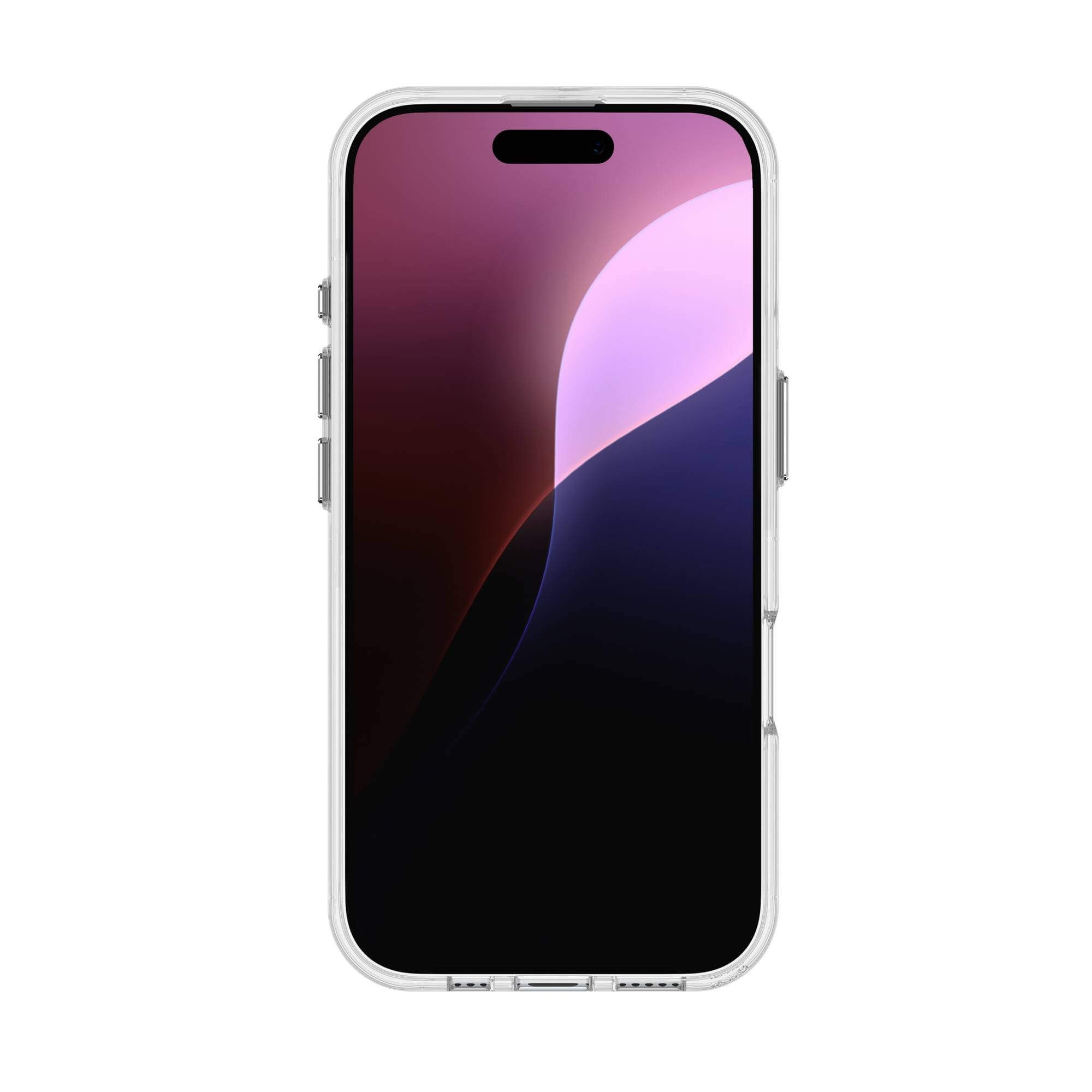 Transparente Handyhülle auf weißem Hintergrund. Telefon ist schwarz mit lila und weißem Bildschirm.
