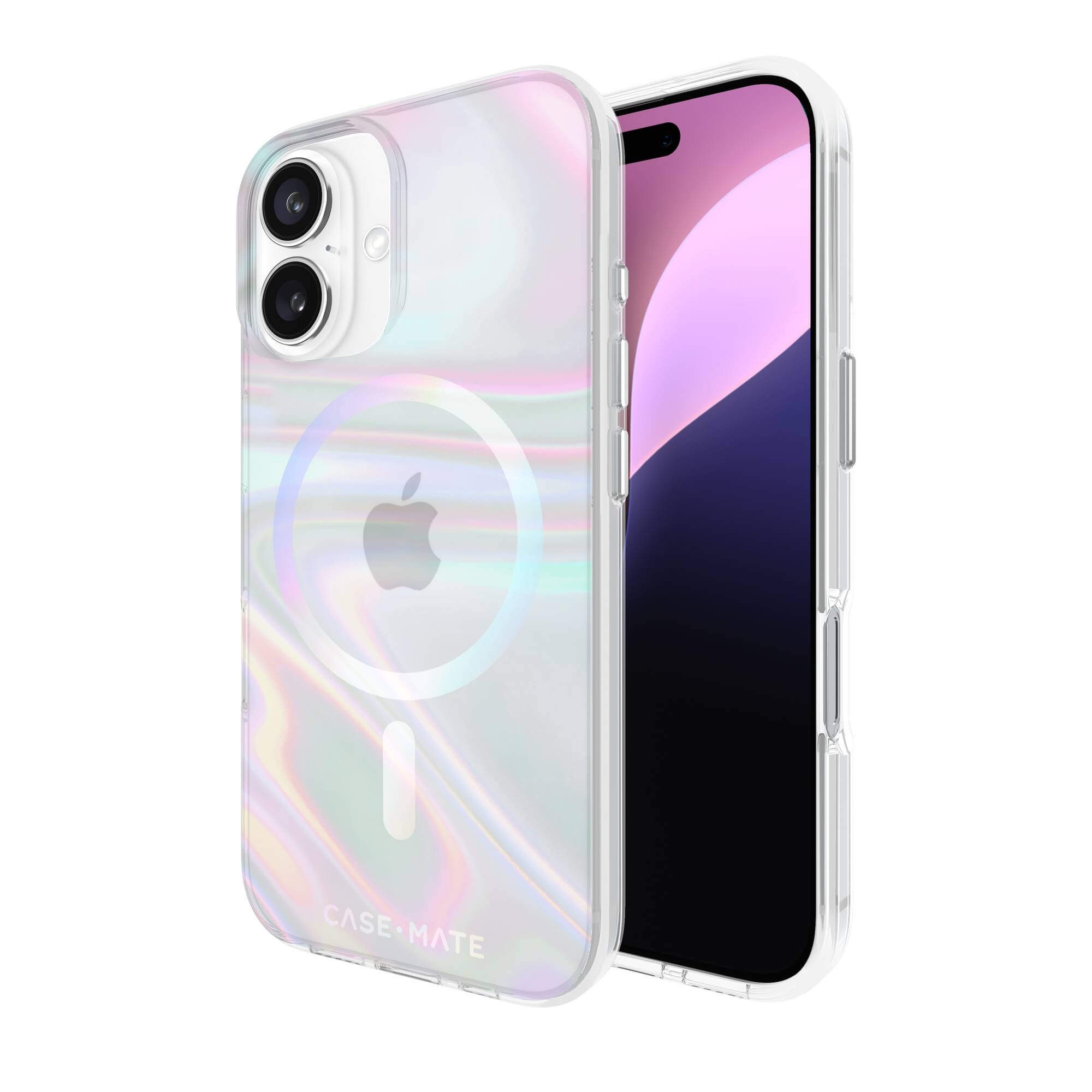 Custodia trasparente per telefono con design olografico e telefono con schermo viola.