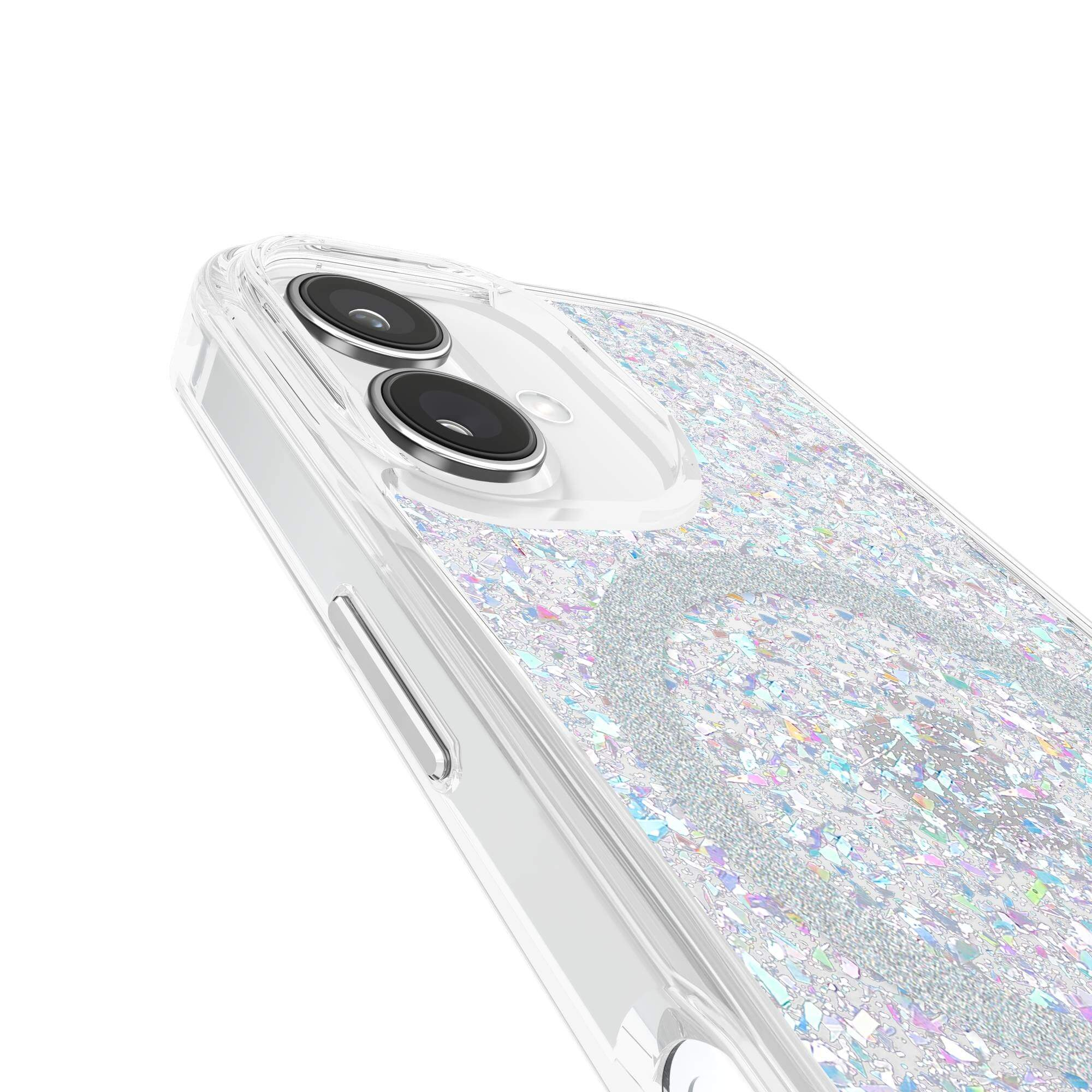 Transparente Handyhülle mit Glitzerpartikeln. Kameralinsen sind sichtbar. Die transparente Hülle befindet sich auf weißem Hintergrund.