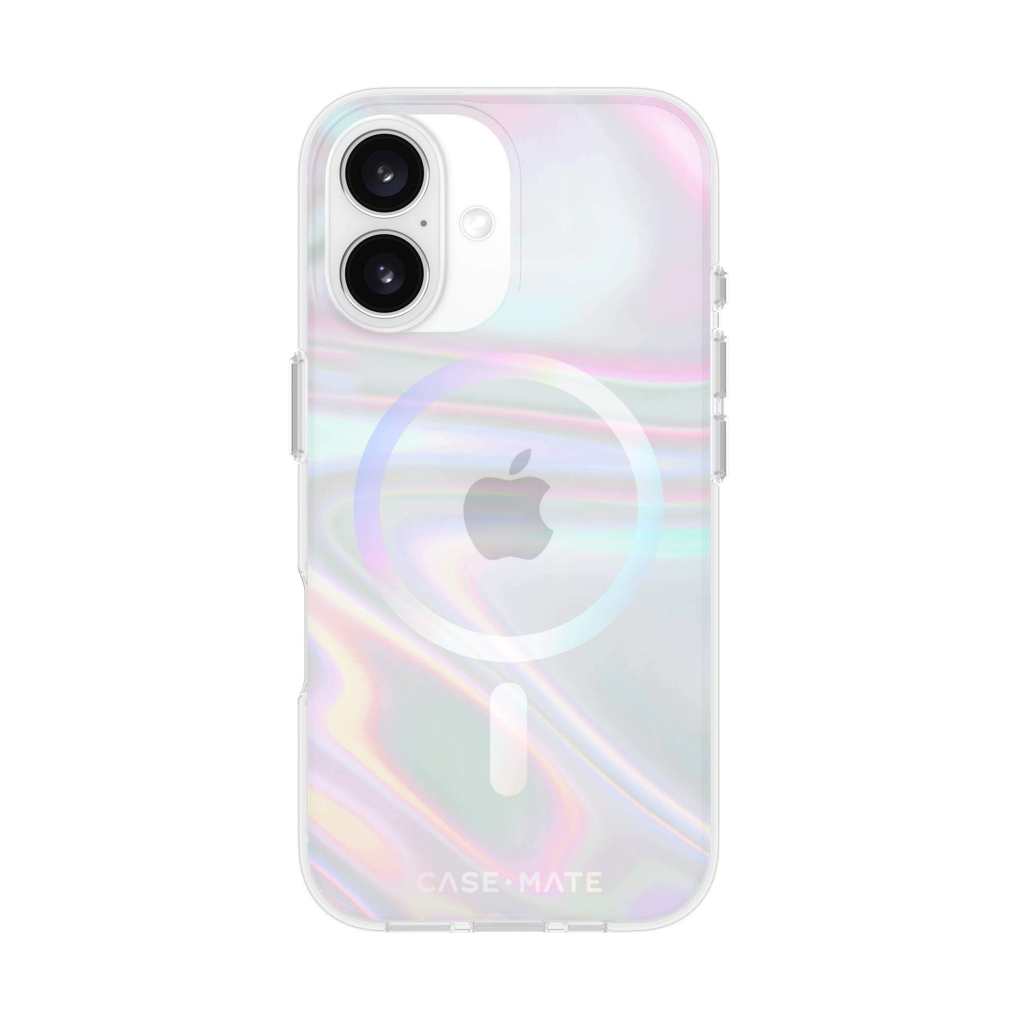 Una custodia trasparente per telefono con un design iridescente colorato e un logo Apple bianco.