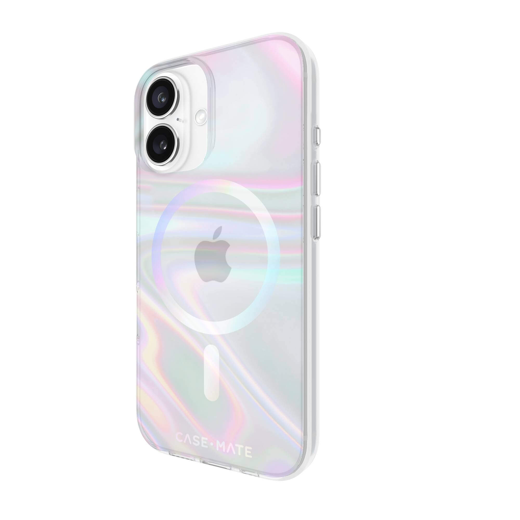 Una custodia trasparente per telefono con effetto iridescente. Il logo Apple è visibile.