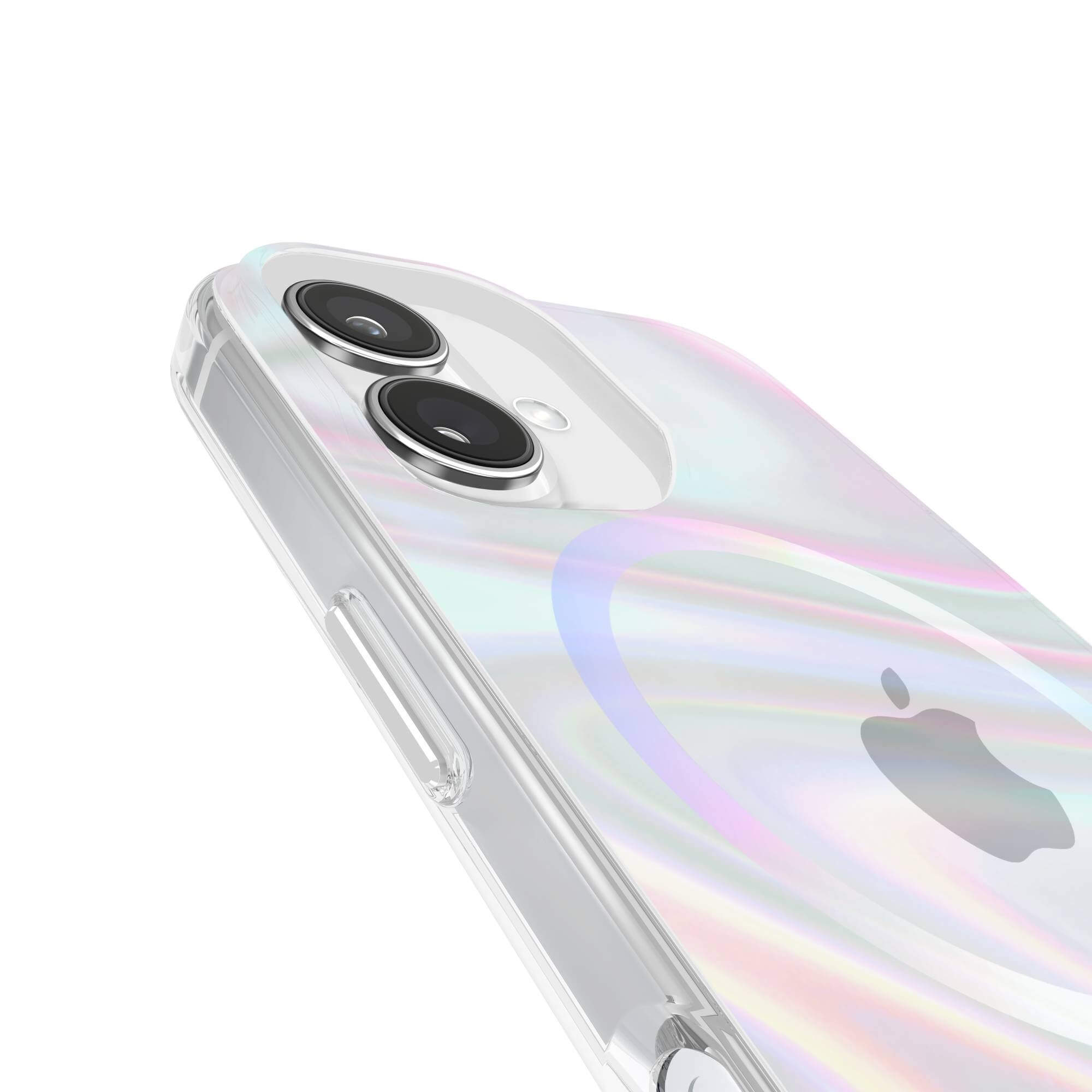 Un primo piano di una custodia trasparente su un telefono, che rivela gli obiettivi della fotocamera e un design circolare.
