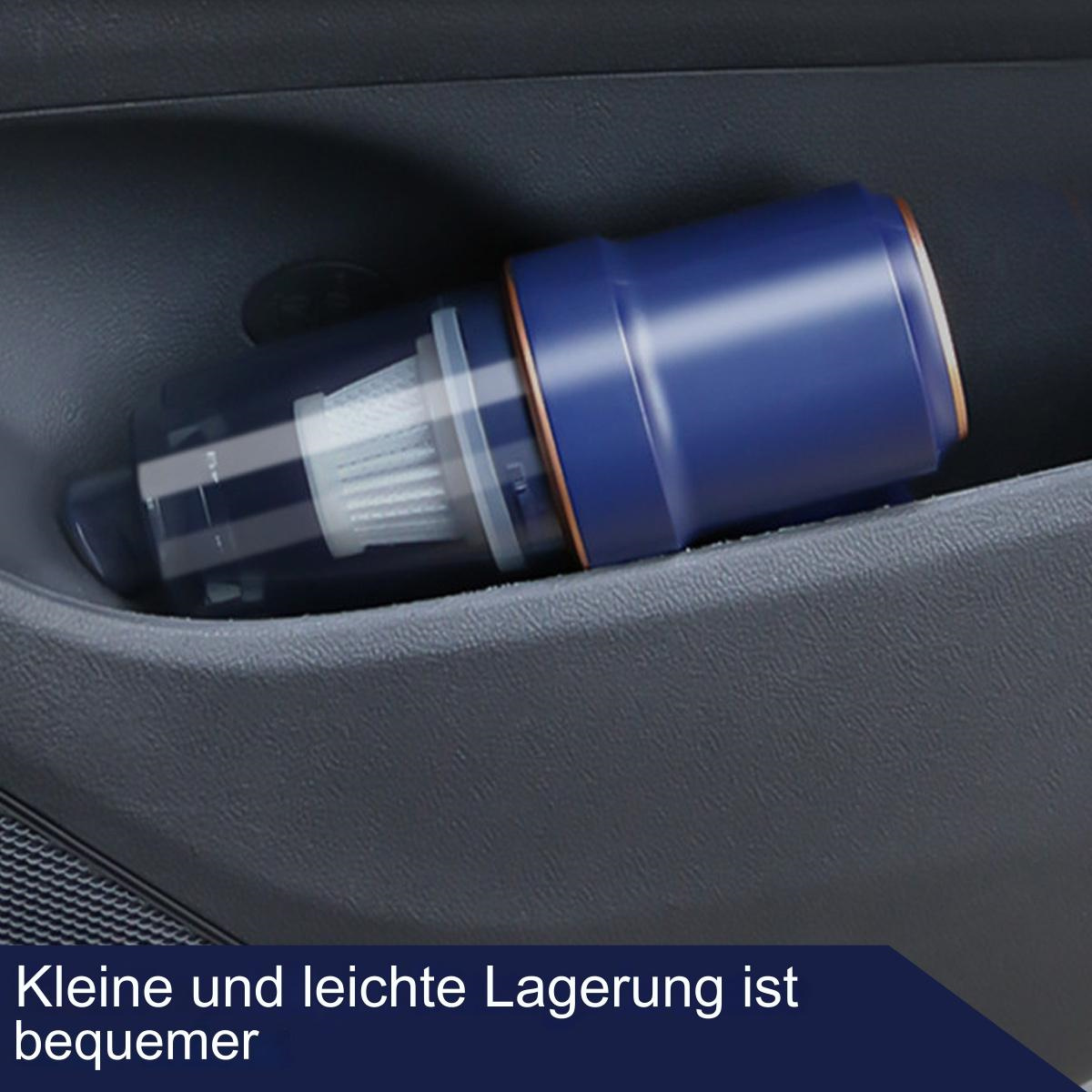 Ein blau-schwarzer Mini-Staubsauger liegt in einem Autotürfach.