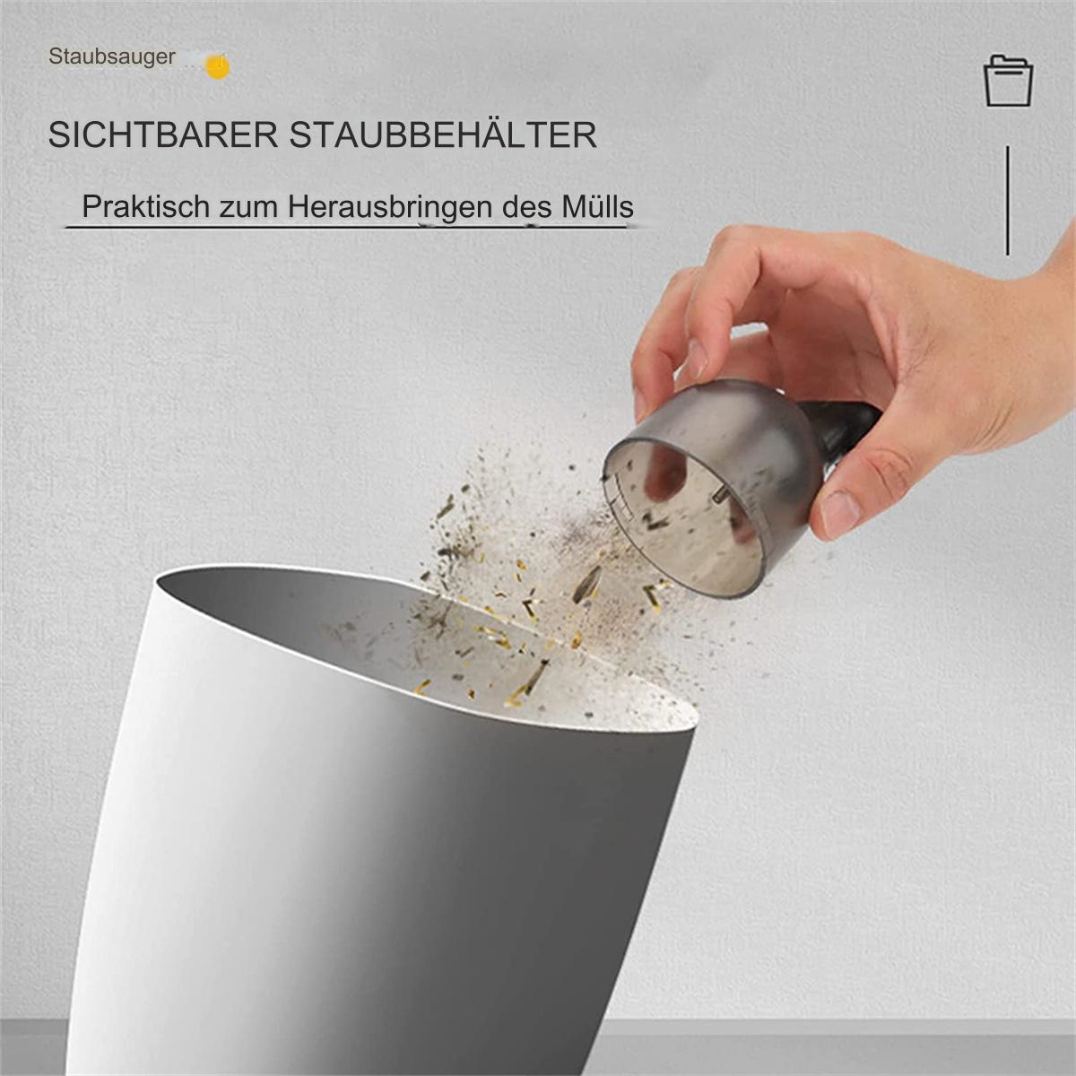 Hand entleert Staub aus einem Staubsauger, sichtbarer Staubbehälter, weißer Hintergrund.