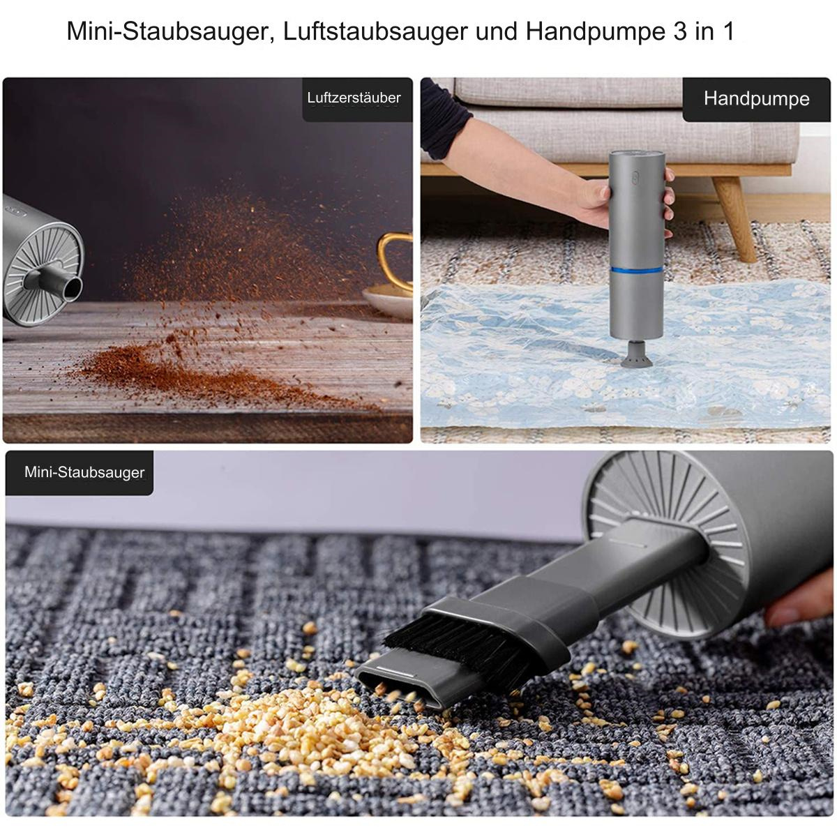 Eine Collage, die einen Mini-Staubsauger, ein Gebläse und eine Handpumpe zeigt.