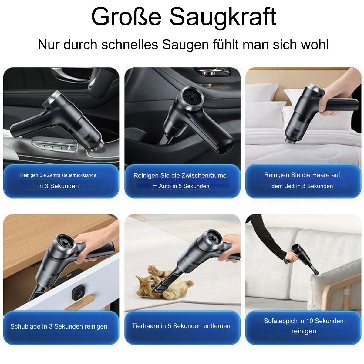 Werbung mit sechs Bildern eines Staubsaugers, der verschiedene Bereiche wie einen Autositz reinigt.