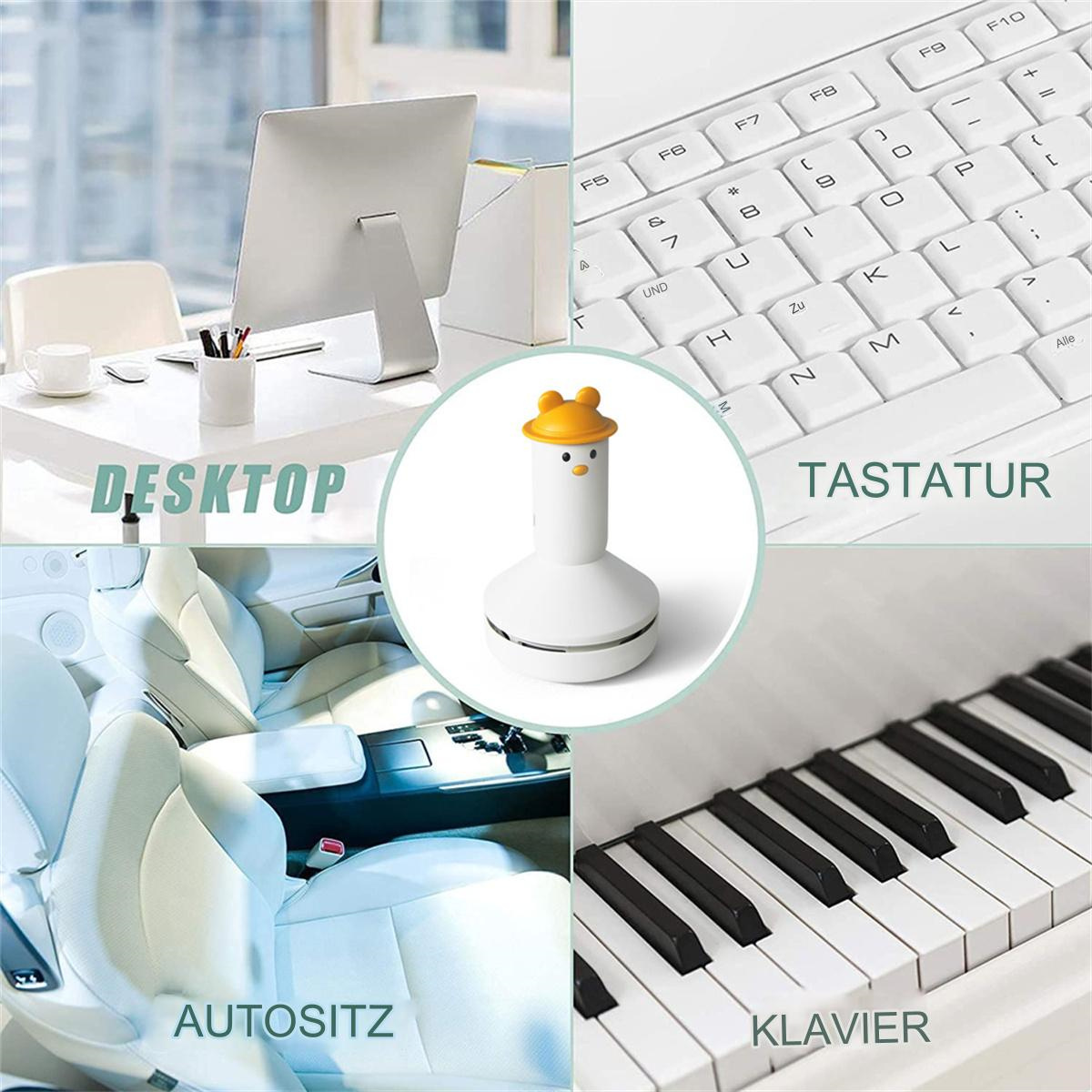 Collage mit Schreibtisch, Tastatur, kleinem Staubsauger und Klavier.