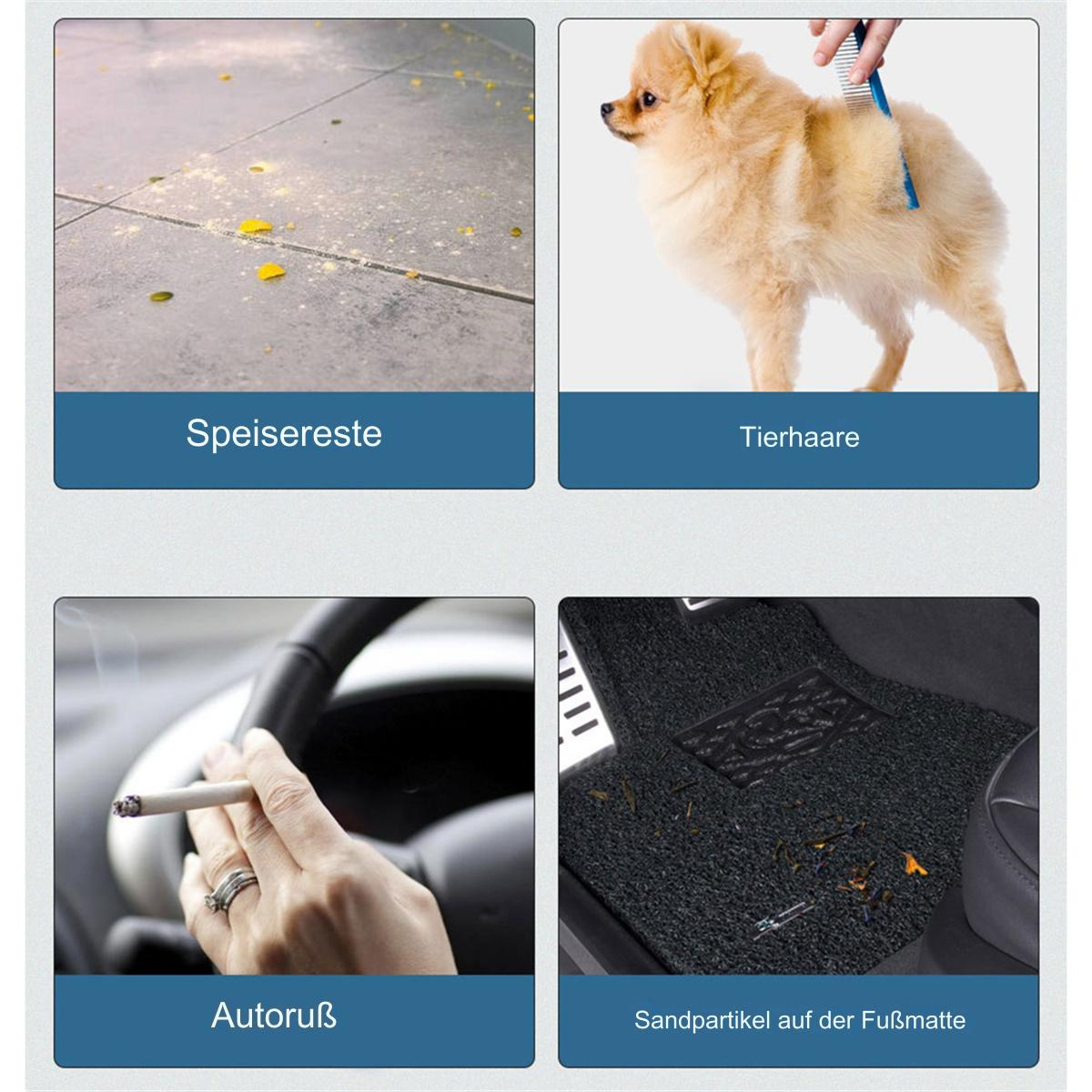 Vier Bilder mit Essenskrümeln, Hundehaaren, einer rauchenden Person und Schmutz auf einer Fußmatte.