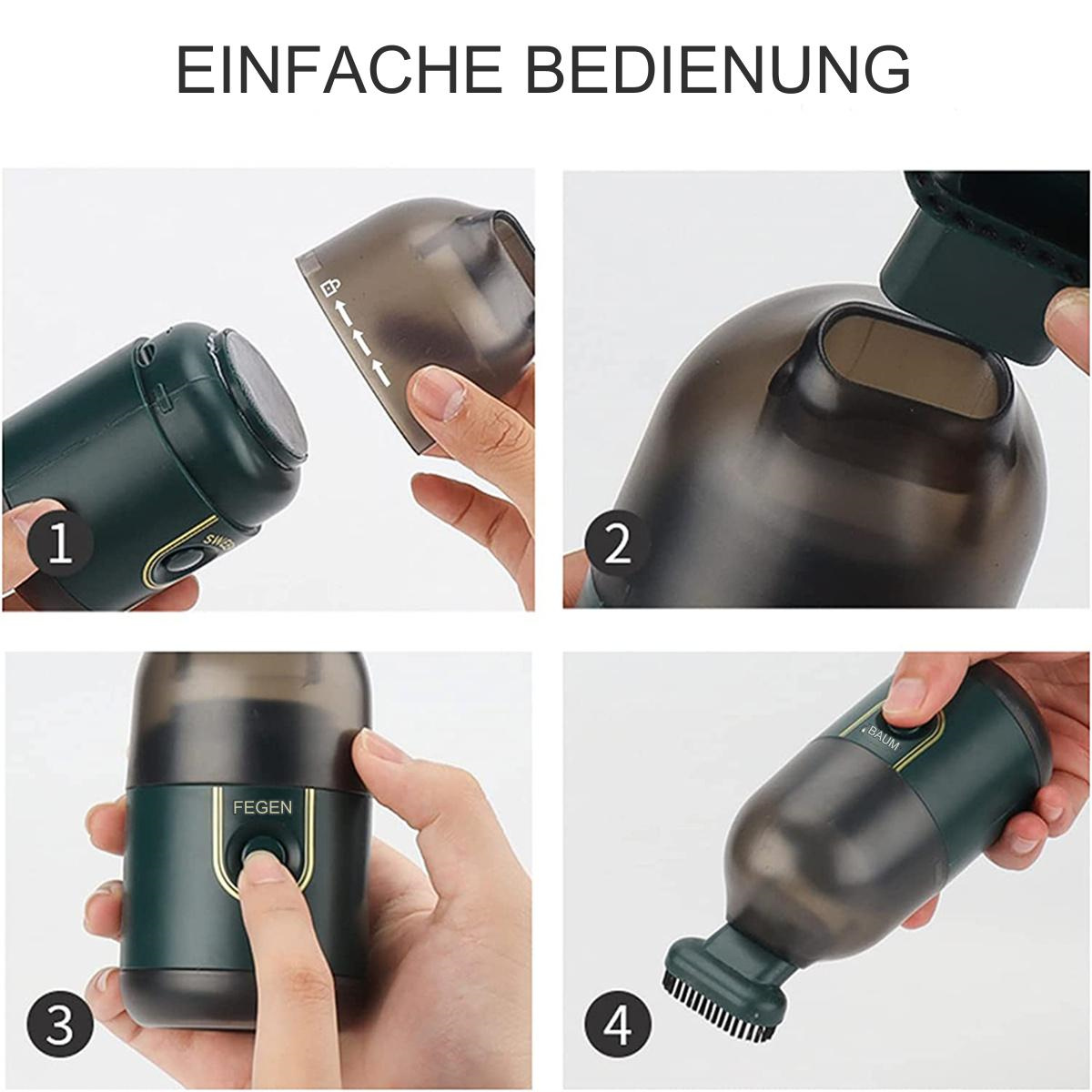 Bildfolge mit Schritten zur Verwendung eines Reinigungsgeräts, mit Beschriftungen für jeden Schritt.