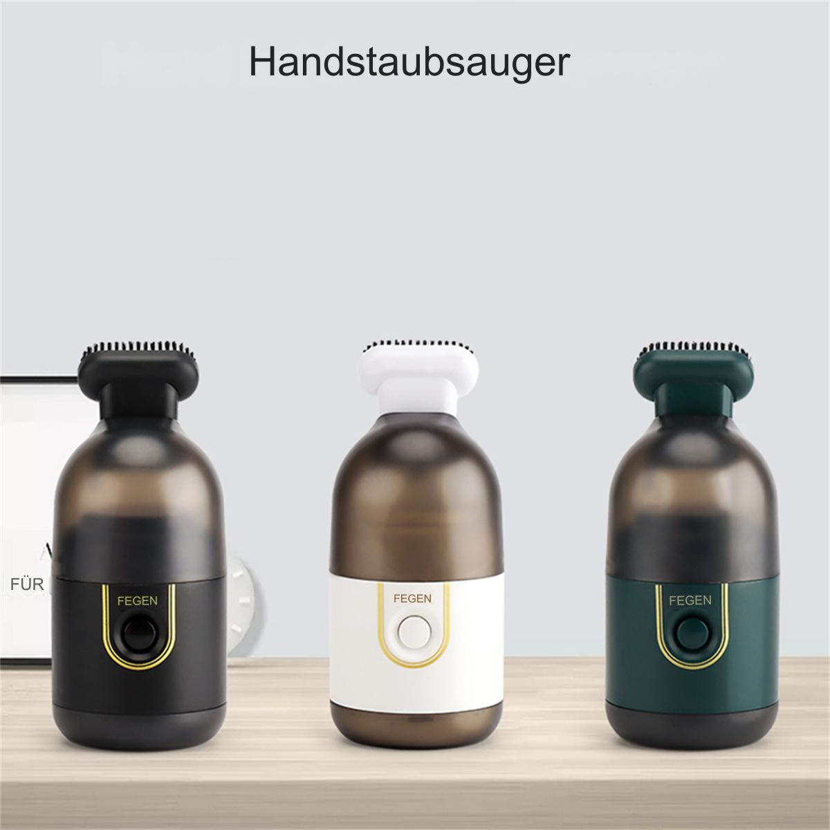 Drei kabellose Staubsauger in Schwarz, Weiß und Türkisgrün, mit dem Markennamen Fegen.