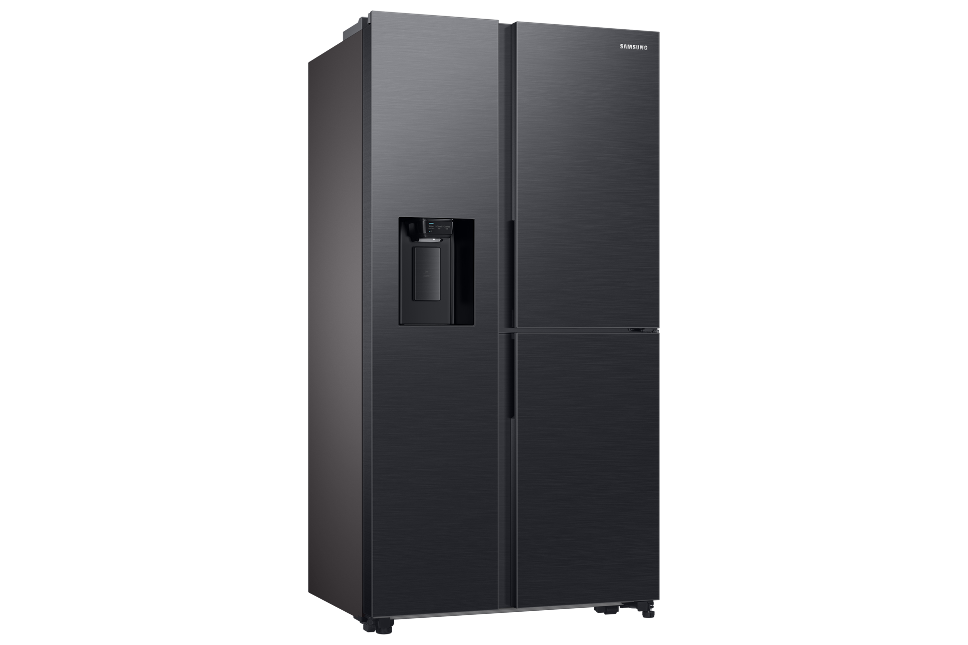 Ein schwarzer Side-by-Side-Kühlschrank. Er hat einen Wasserspender und ein dunkles, gebürstetes Metallfinish.