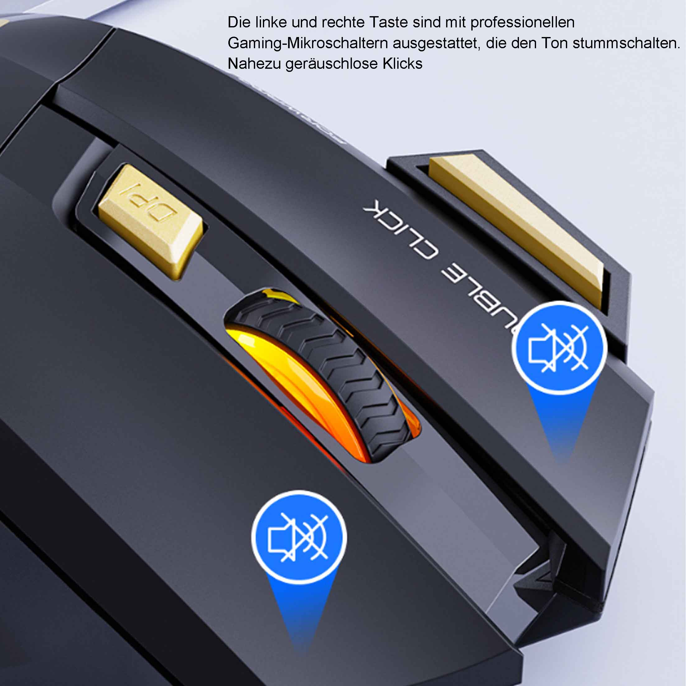 Schwarze Gaming-Maus mit goldenen Akzenten, die das Scrollrad und die Tasten zeigt. Blaue Tonsymbole.