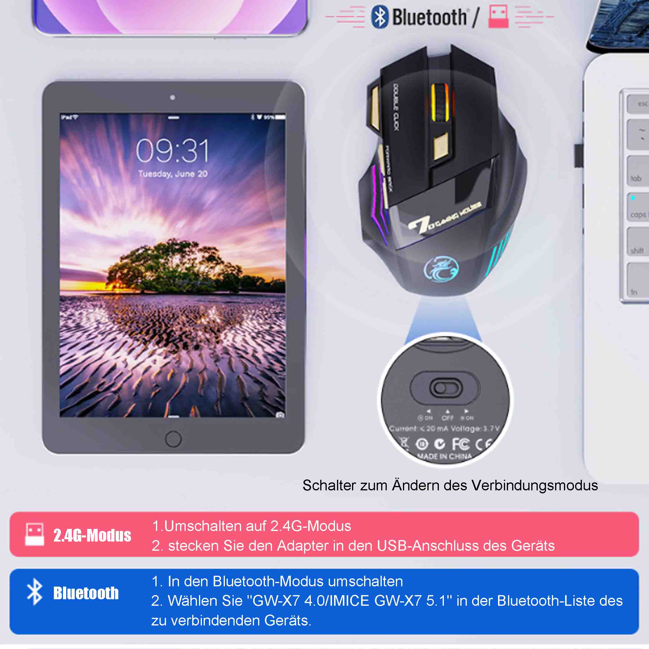 Gaming-Maus und Tablet neben einem Laptop. Text zu Verbindungsmodi ist sichtbar.