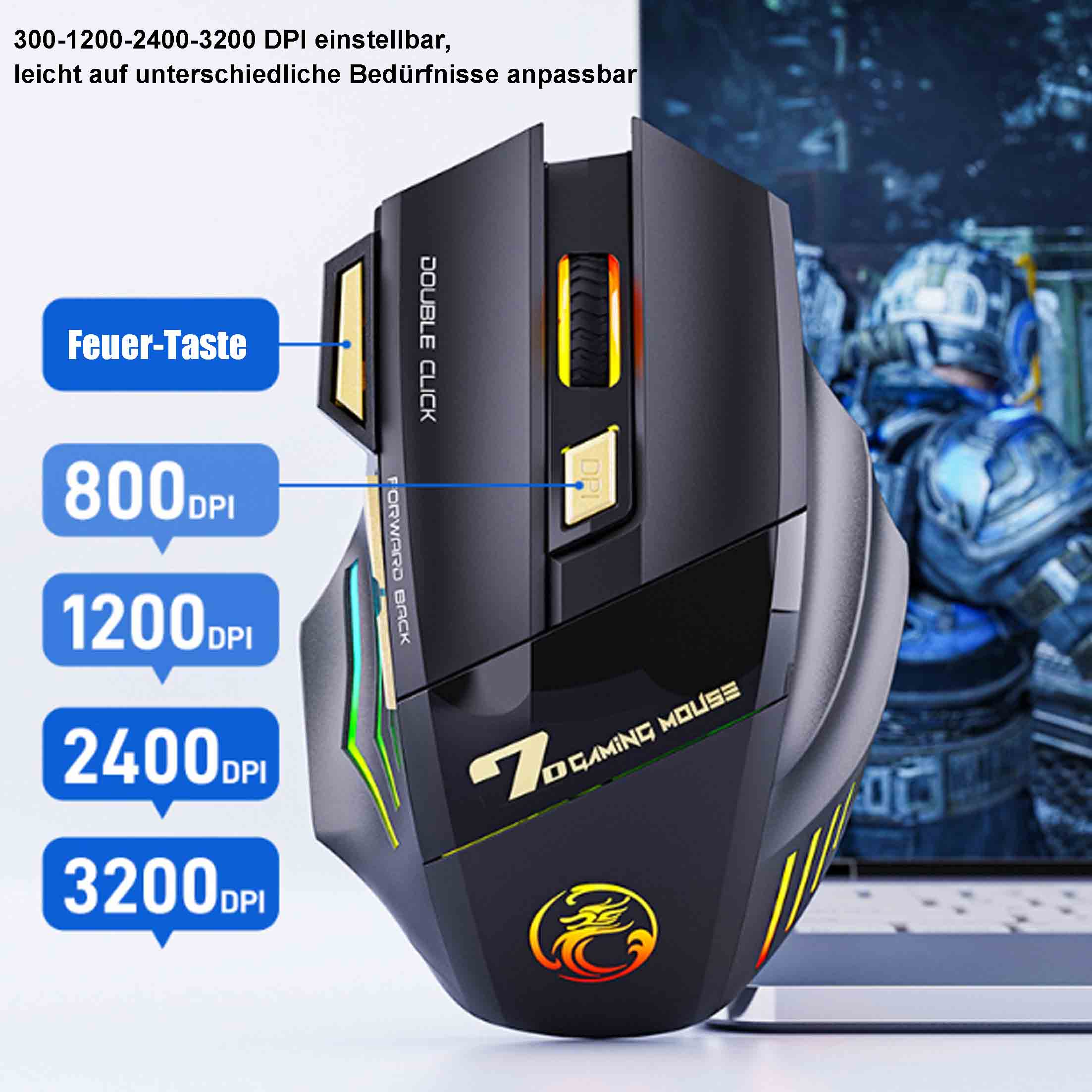 Schwarze Gaming-Maus mit Tasten und DPI-Einstellungen. Enthält beschrifteten Text für jede Einstellung.