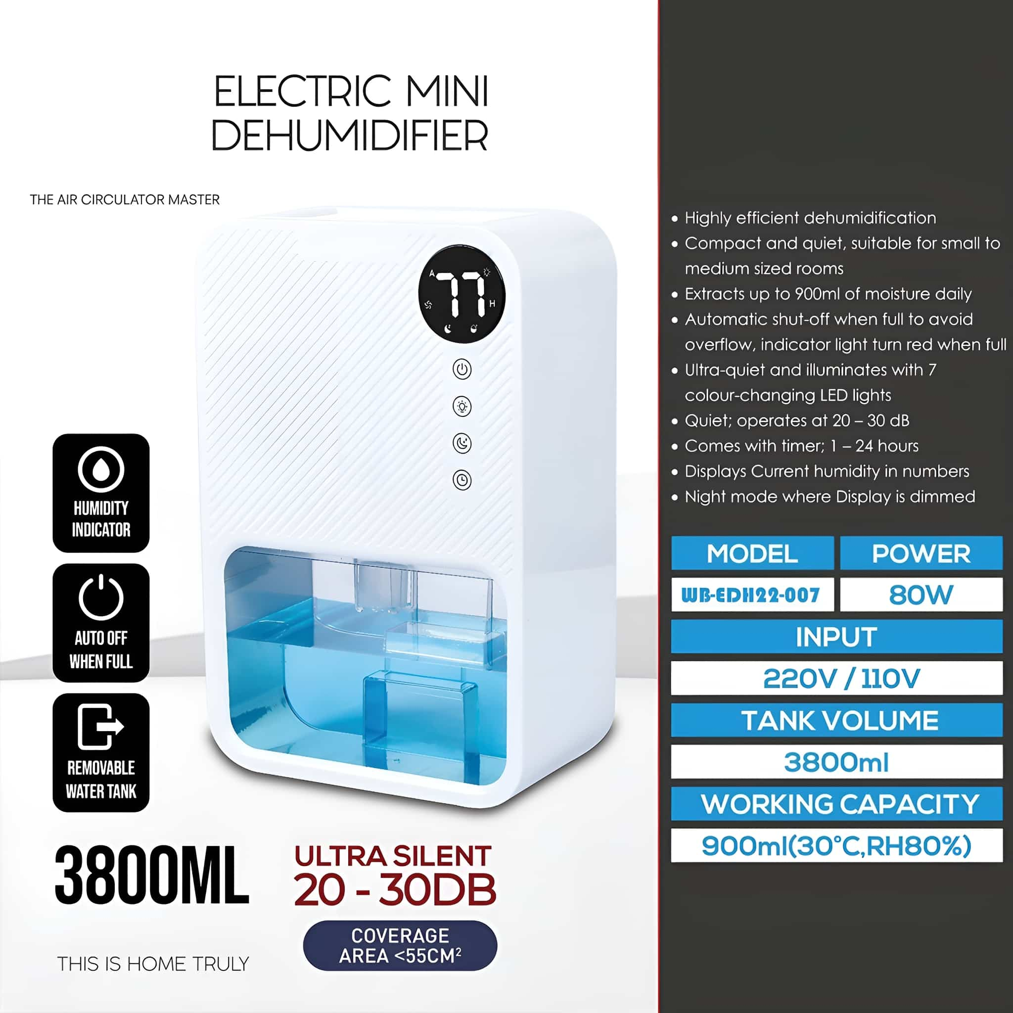 Weißer elektrischer Mini-Luftentfeuchter mit Digitalanzeige und Bedientasten.