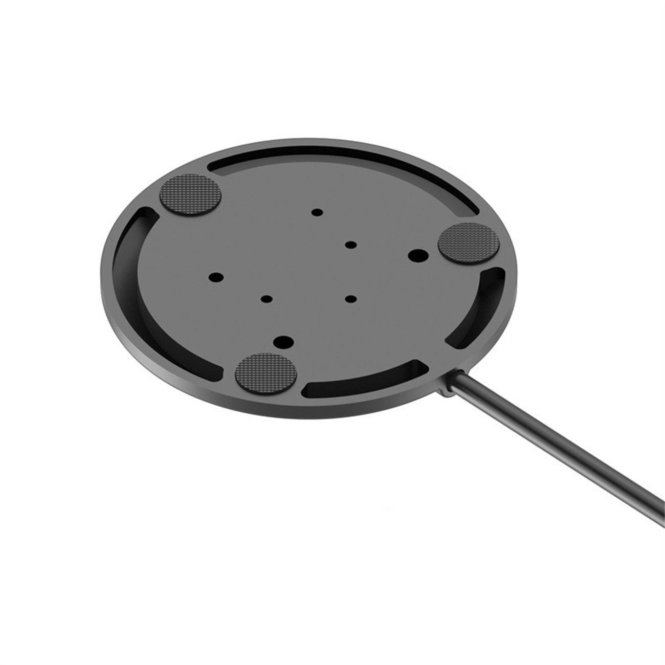 Ein dunkelgrauer, runder Fuß mit Gummifüßen und einem dünnen schwarzen Kabel.