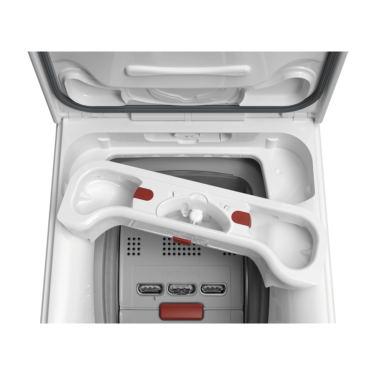 Cassetto detersivo lavatrice aperto. Cassetto bianco con dettagli rossi, interno visibile.