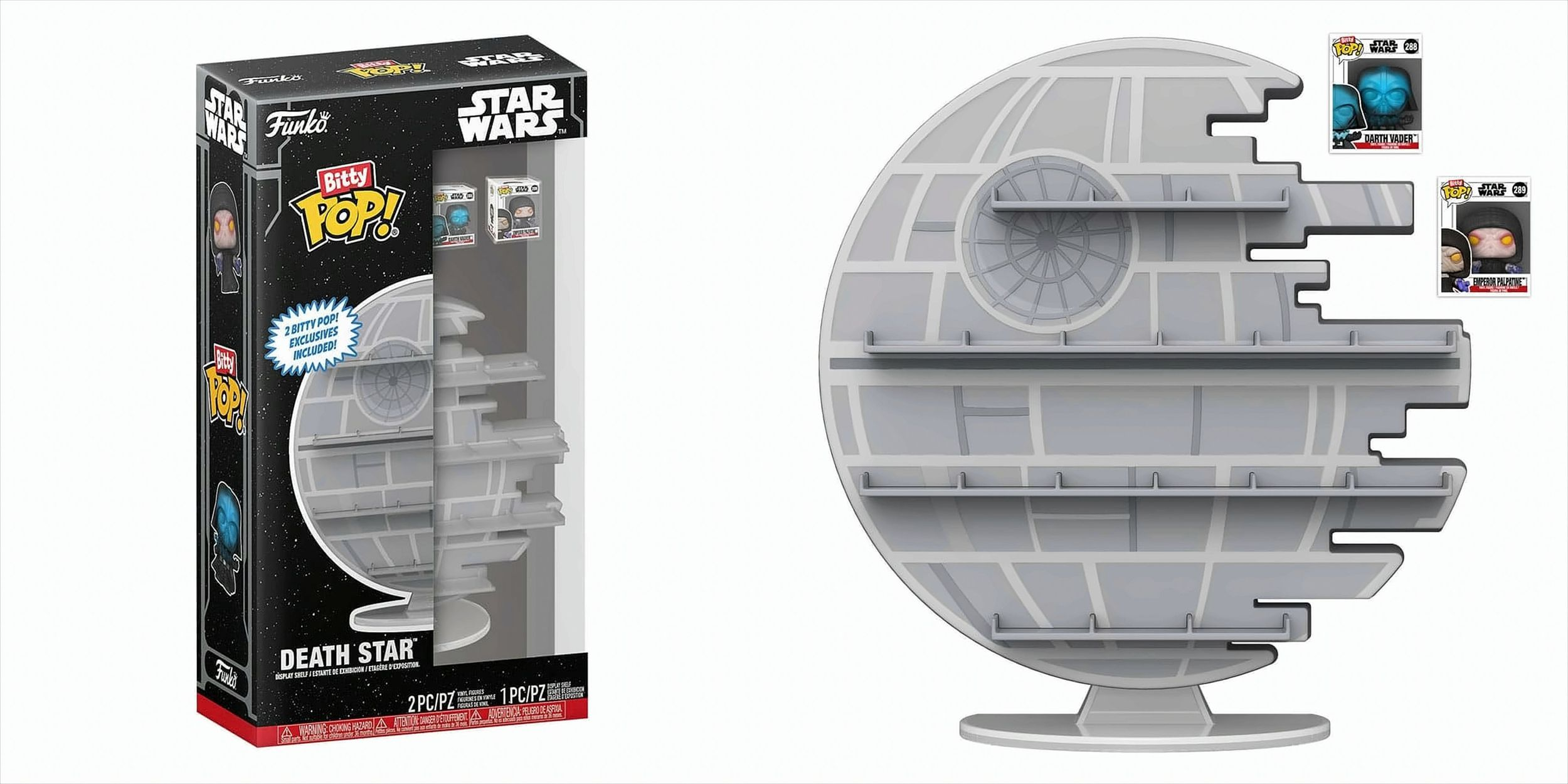 Death-Star-Regal mit Star-Wars-Figuren. Die Verpackung des Regals ist links.