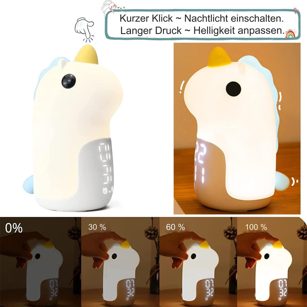 Einhorn-Nachtlicht mit einstellbaren Helligkeitseinstellungen. Das Licht wechselt von gedämpft zu hell. Weißer Hintergrund.