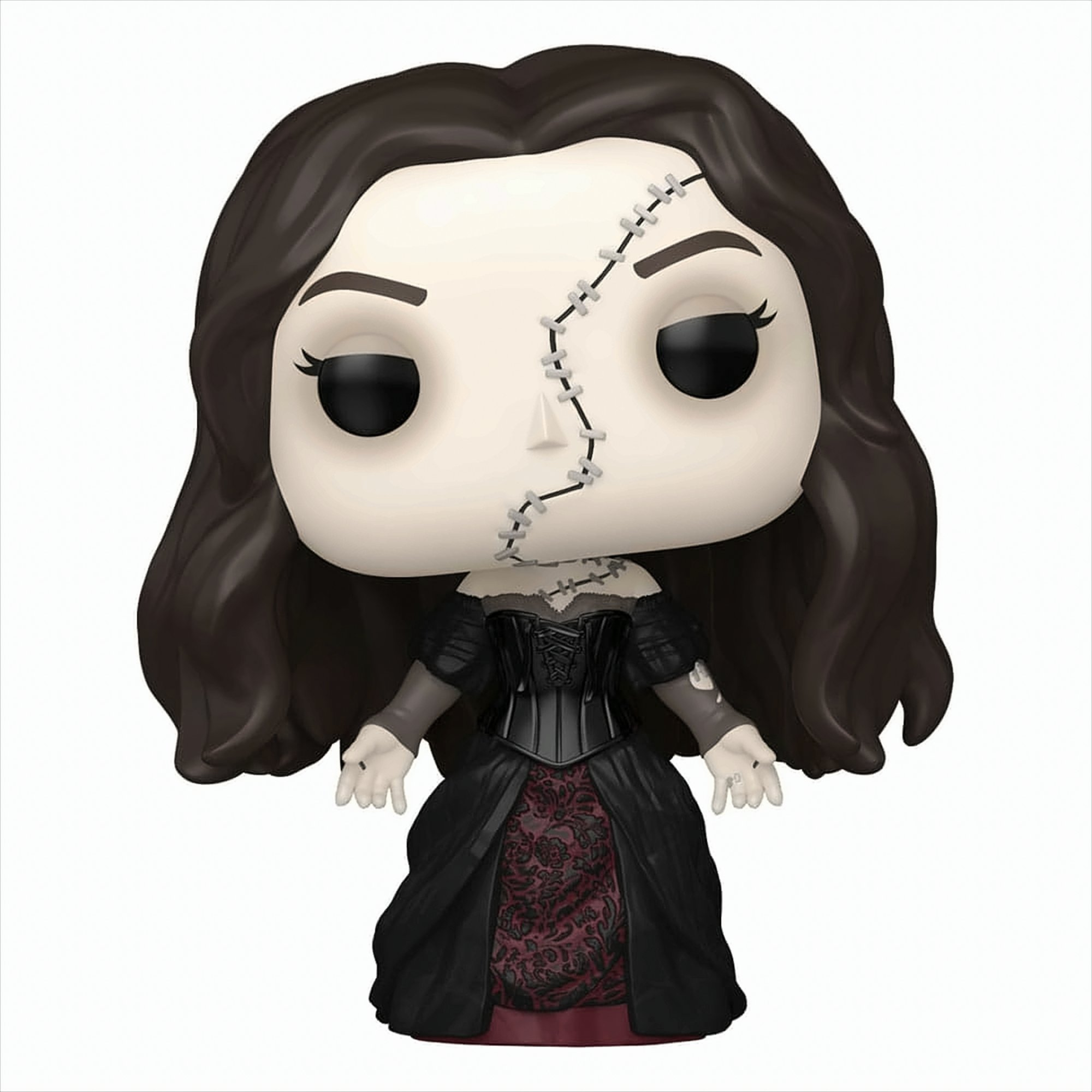 Una figura Funko Pop de una mujer con puntos de sutura en la cara, con un vestido negro.