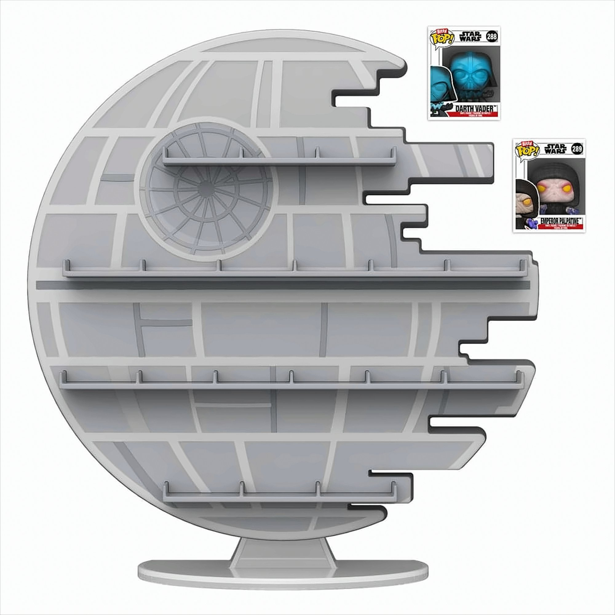 Star Wars Todesstern-Regal, grau mit zwei Figuren, Darth Vader und Emperor Palpatine.