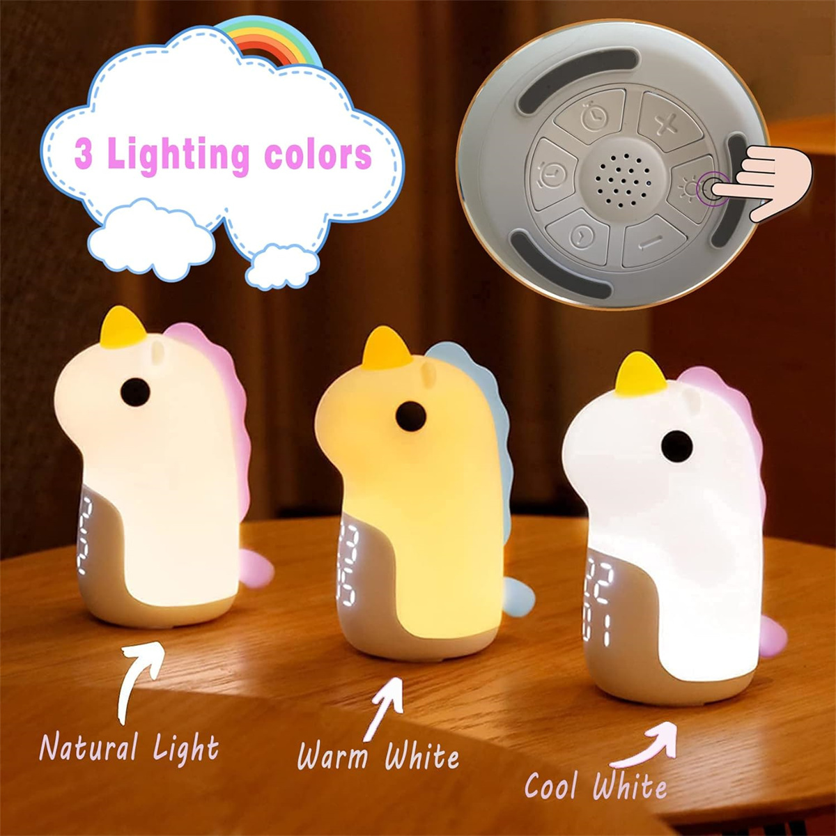 Drei Einhorn-Nachtlichter in verschiedenen Farben, beschriftet mit natürlichem Licht, warmweiß und kaltweiß.