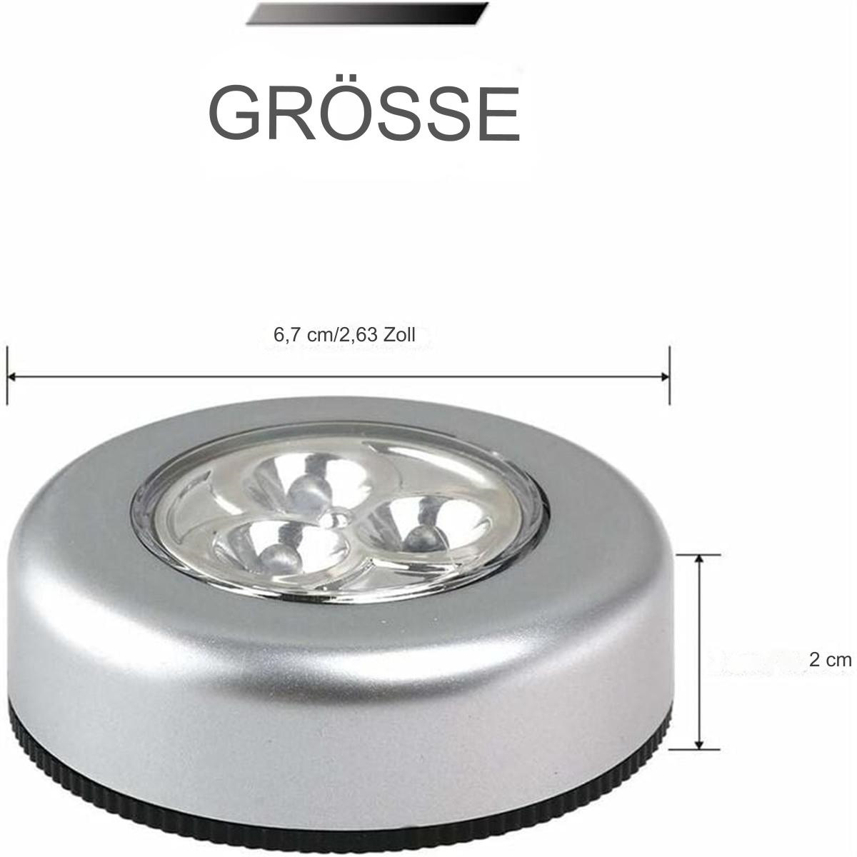 Ein kleines silbernes LED-Licht mit Abmessungen. Der Text lautet 6,7 cm/2,63 Zoll.