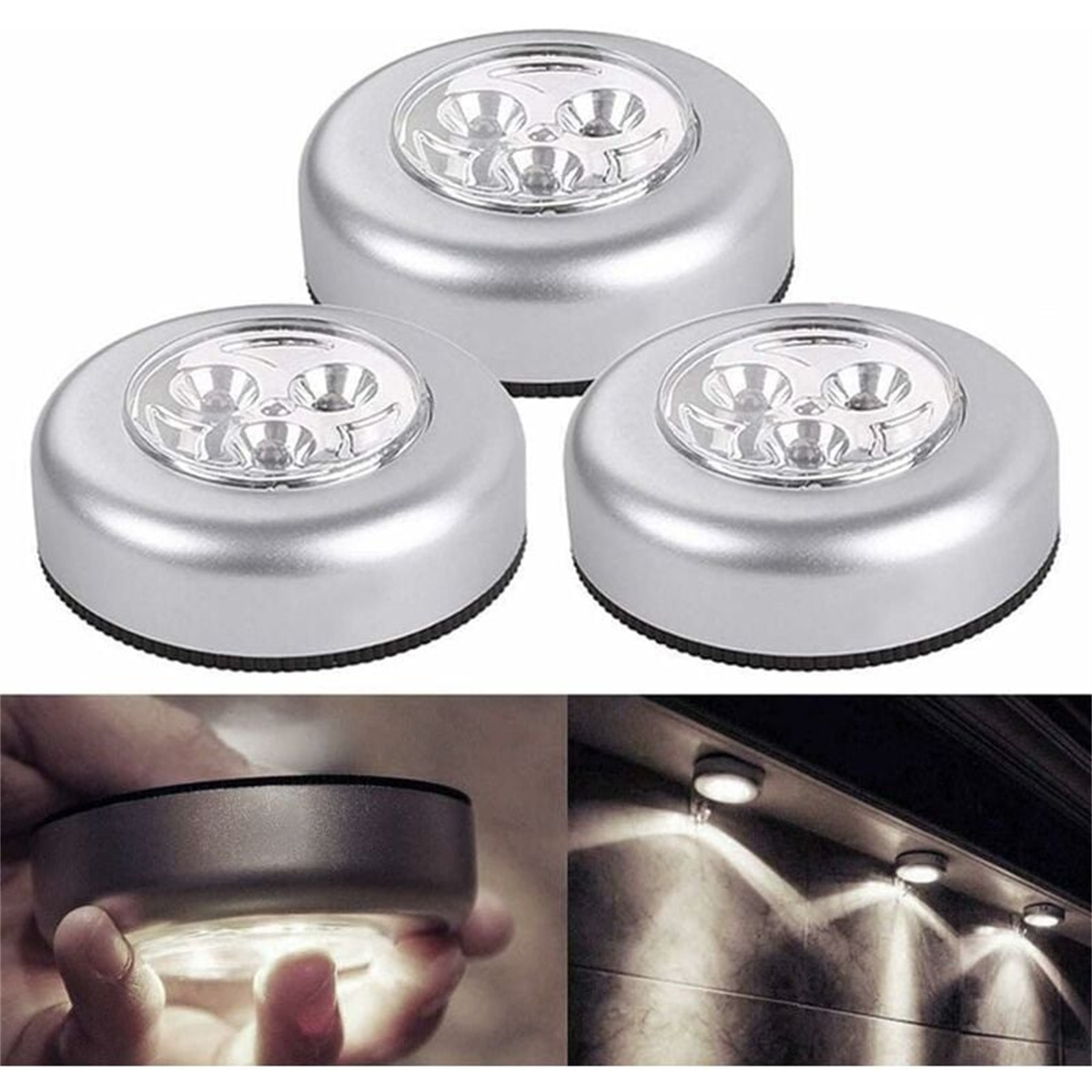 Drei kleine, runde, silberne LED-Leuchten, eine Hand hält eine, an Wand installiert.