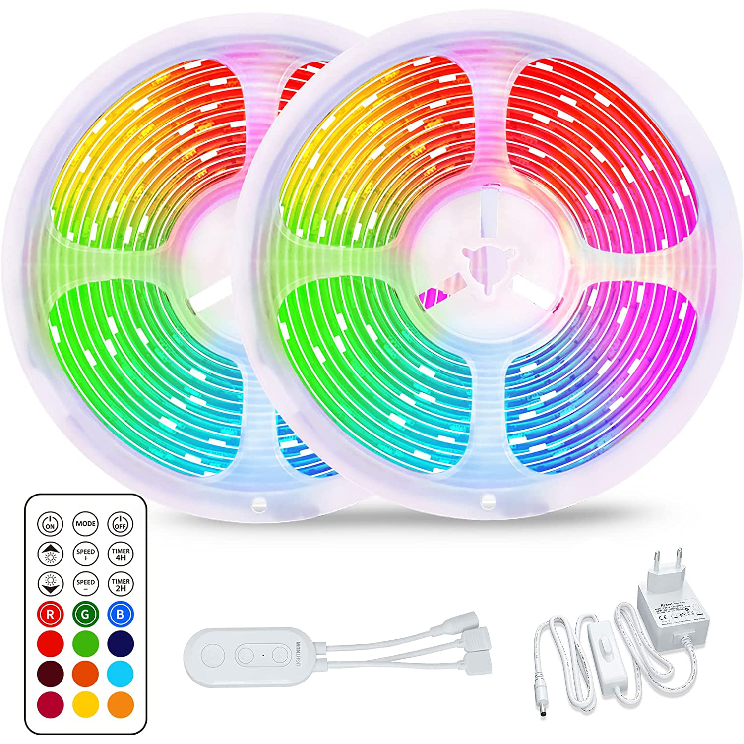 Due strisce luminose a LED arrotolate, con telecomando, controller e adattatore.