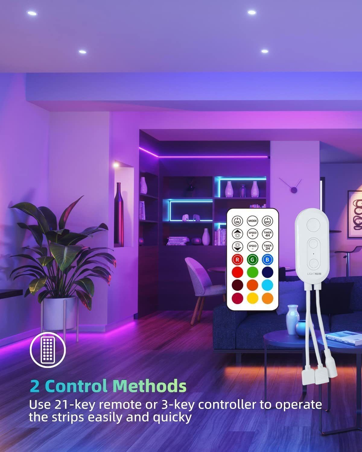 Soggiorno con strisce luminose a LED. Include telecomando, controller a 3 tasti e pianta.