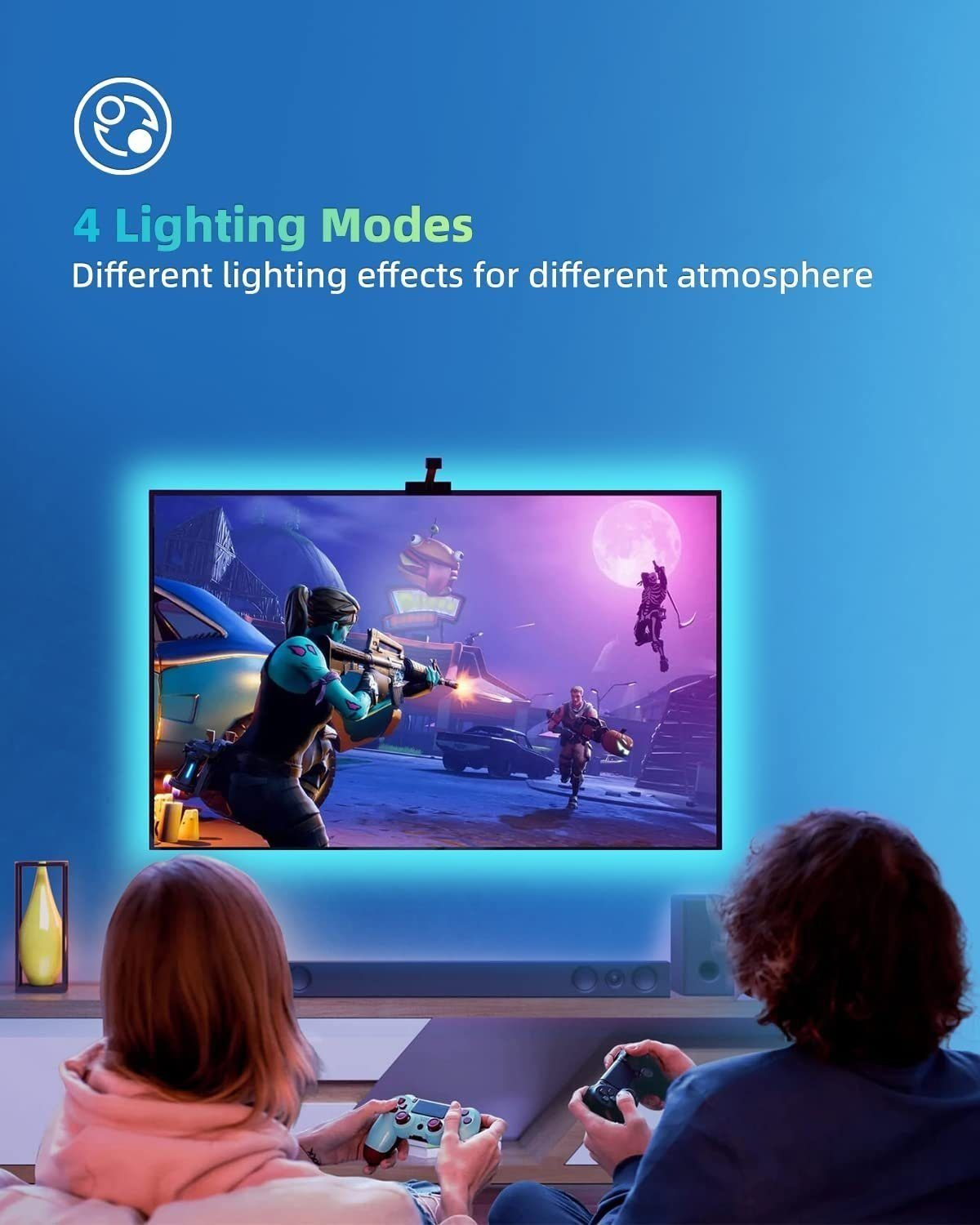 Due persone che giocano ai videogiochi davanti a una TV con strisce luminose.