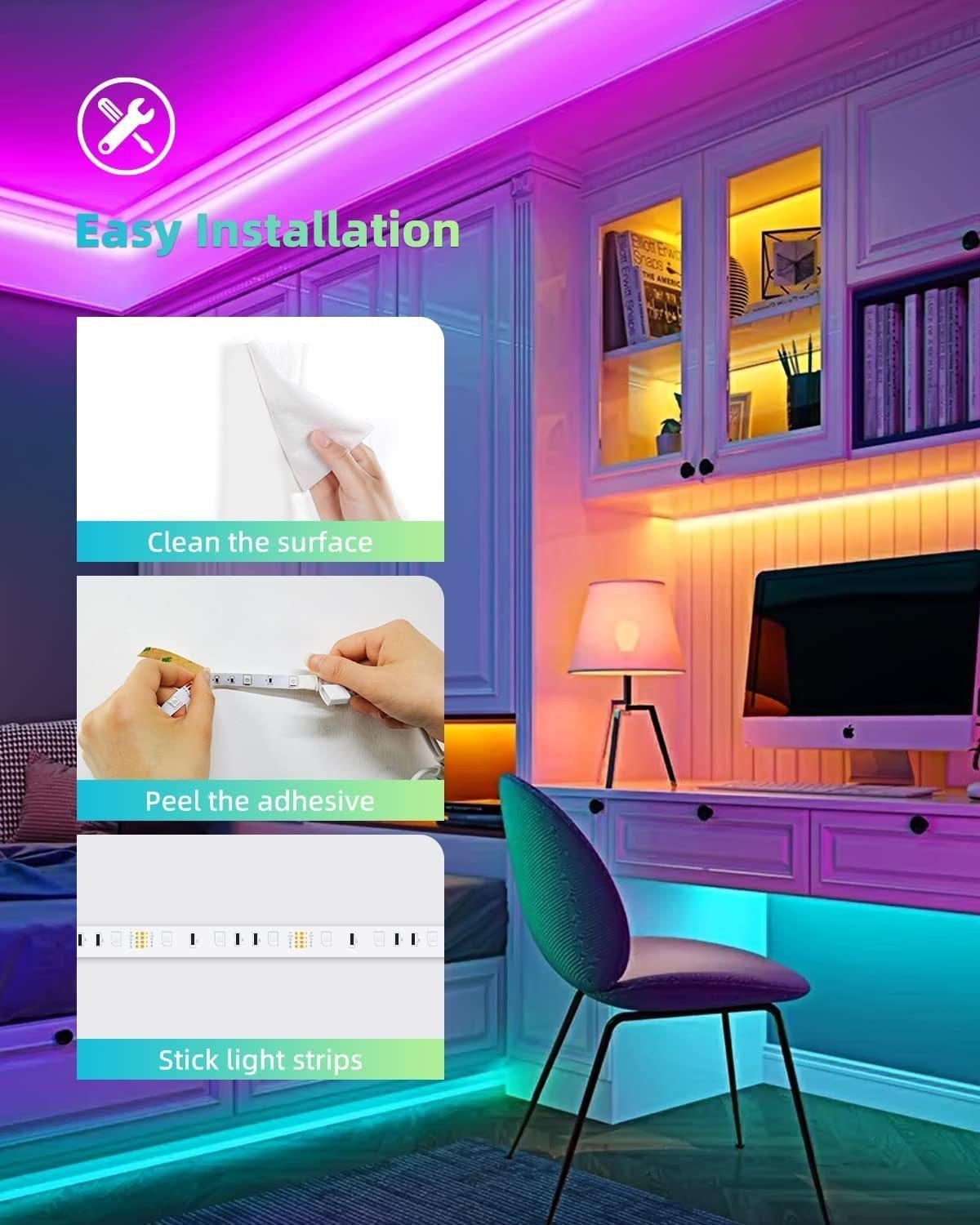 Stanza con strisce LED installate. Istruzioni: pulire la superficie, staccare l'adesivo, incollare le strisce.