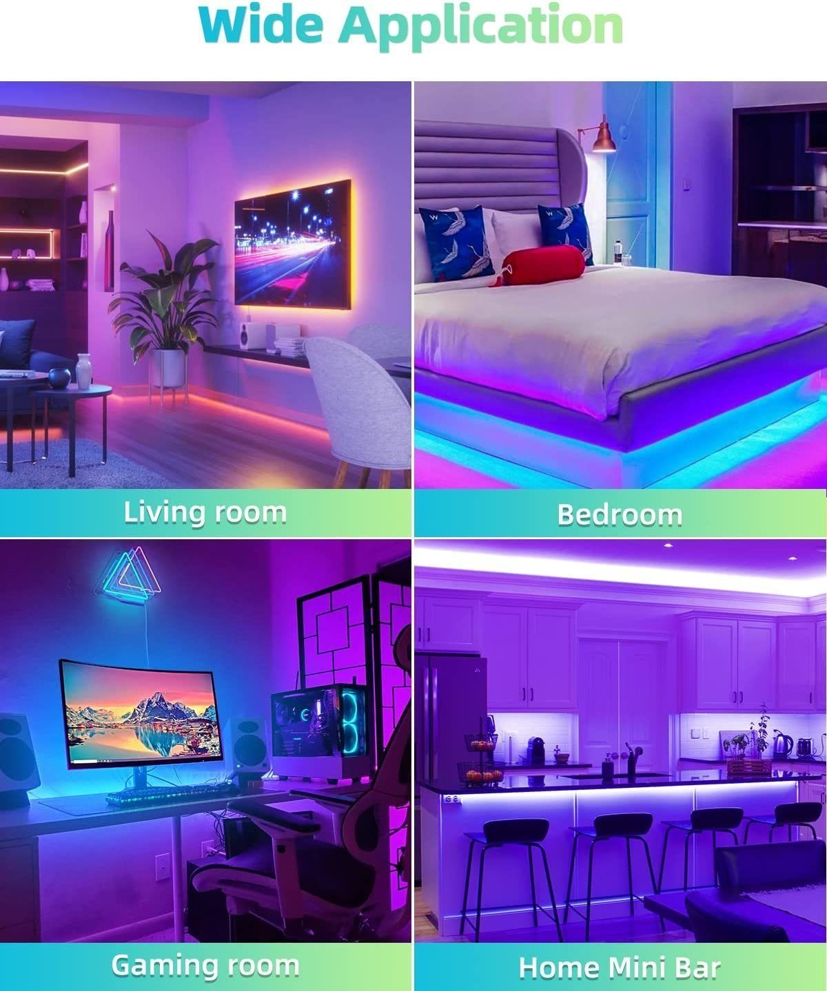Quattro immagini mostrano stanze con strisce LED. Soggiorno, camera da letto, sala giochi e minibar a casa.