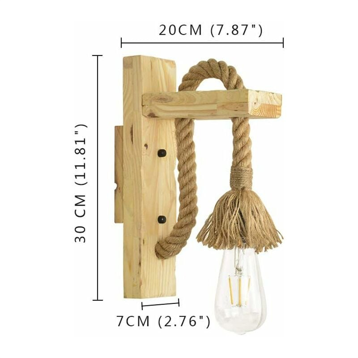 Wandlampe aus Holz mit Seil und einer Glühbirne. Die Abmessungen sind in Zentimetern angegeben.