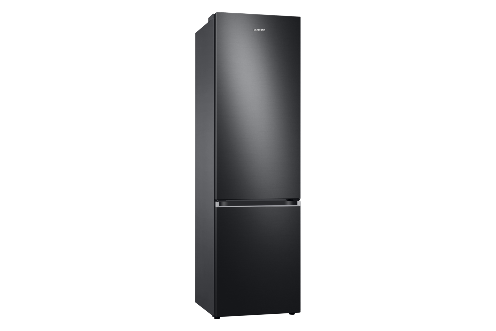 Schwarzer Kühlschrank mit zwei Türen auf schwarzem Hintergrund.