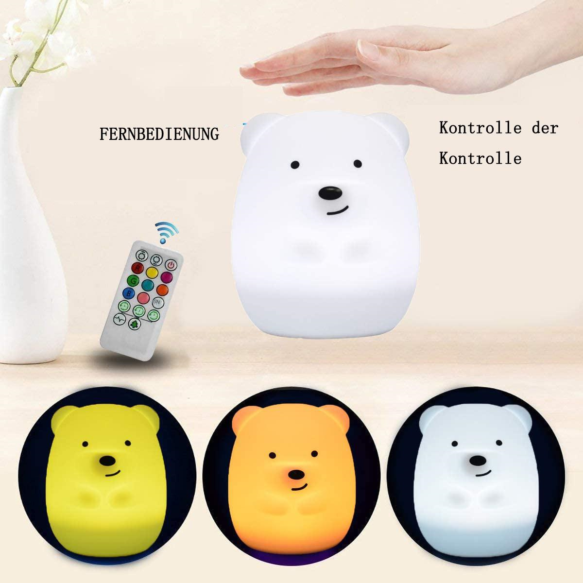 Eine weiße Bärenlampe mit Fernbedienung und drei Farbvarianten.