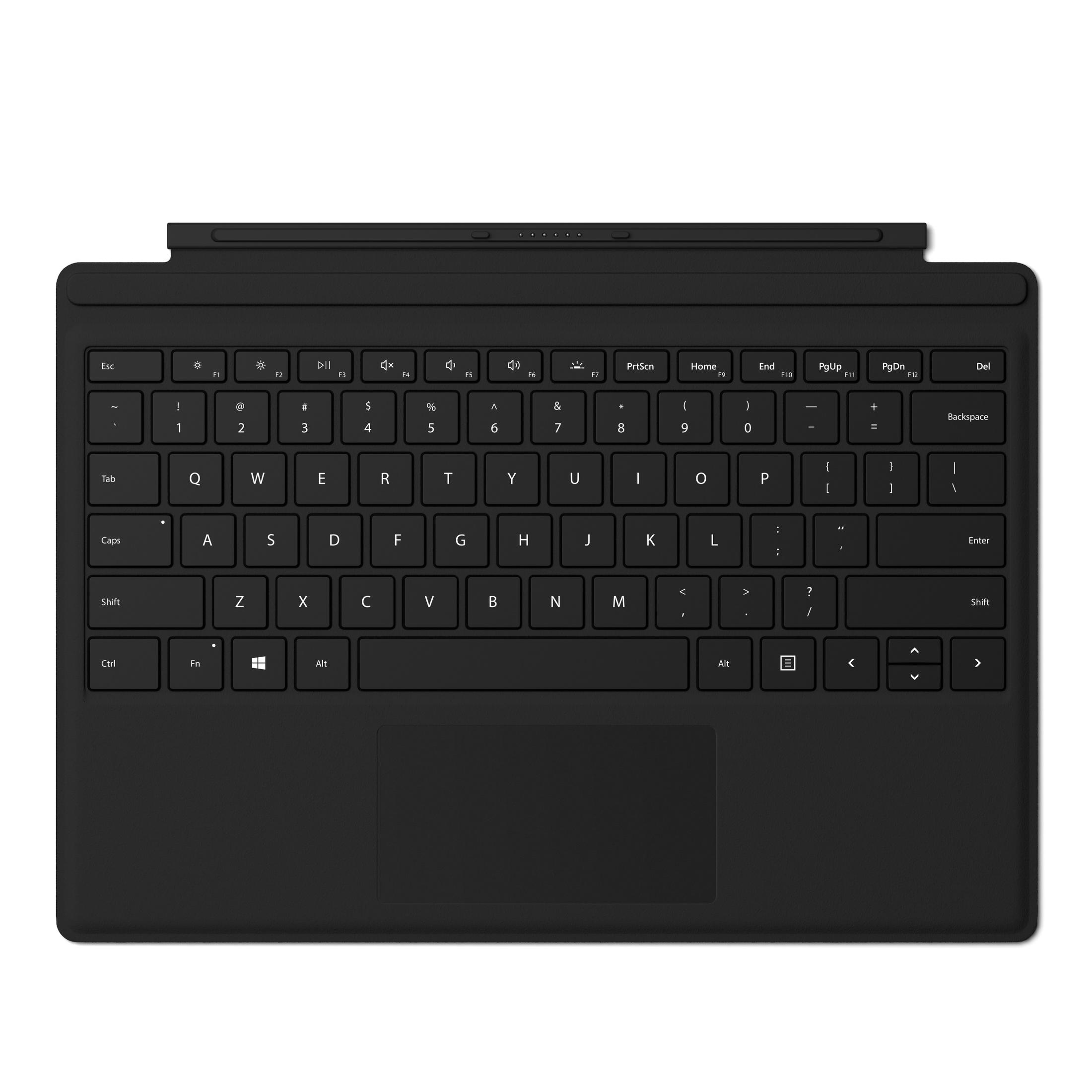 Schwarze Tastatur. Tasten sind beschriftet. Touchpad unten. Microsoft-Logo. Tasten sind hellgrau.