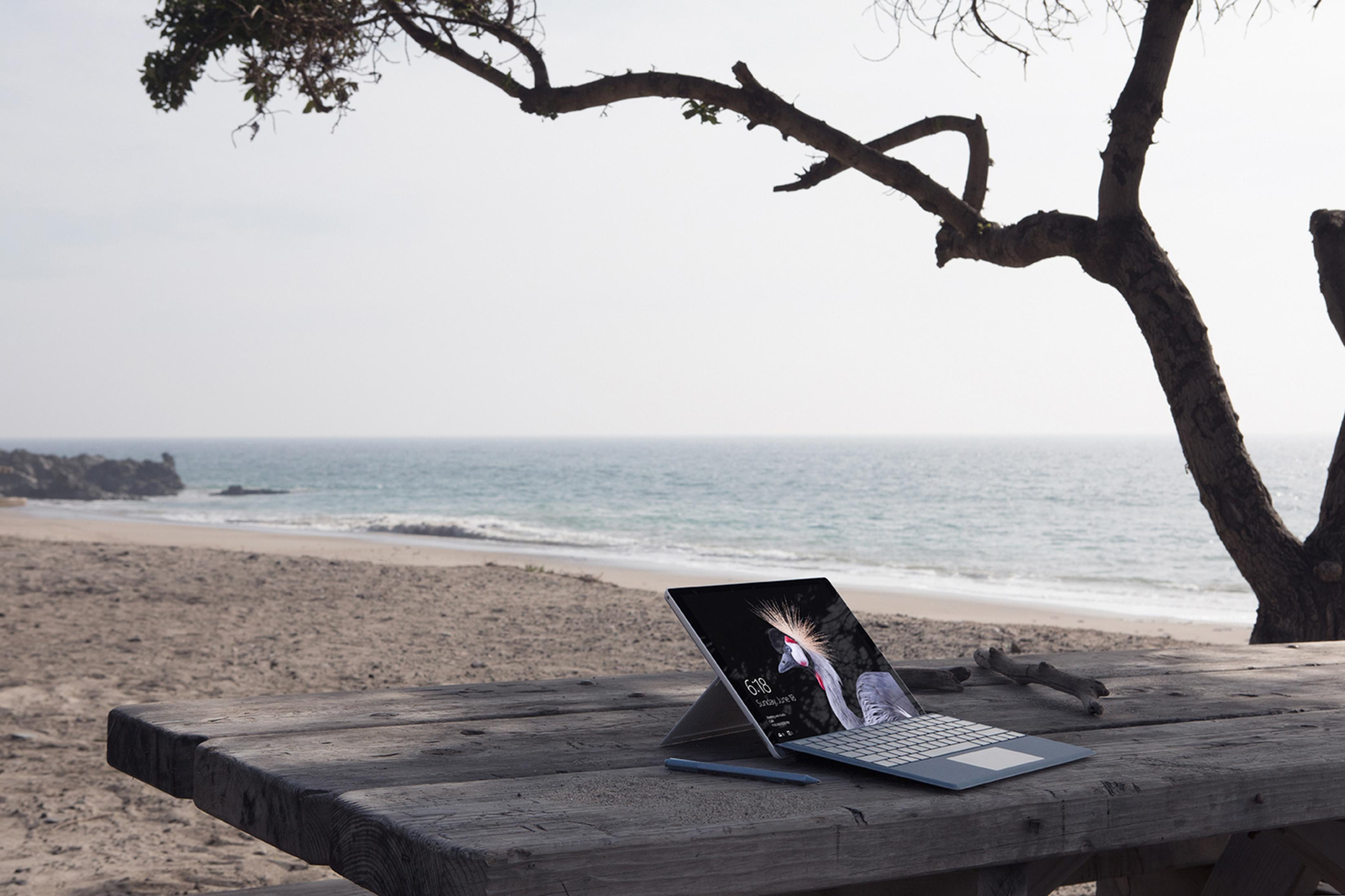 Laptop auf einem Holztisch am Strand. Strand und Meer sind im Hintergrund mit einem Ast sichtbar.