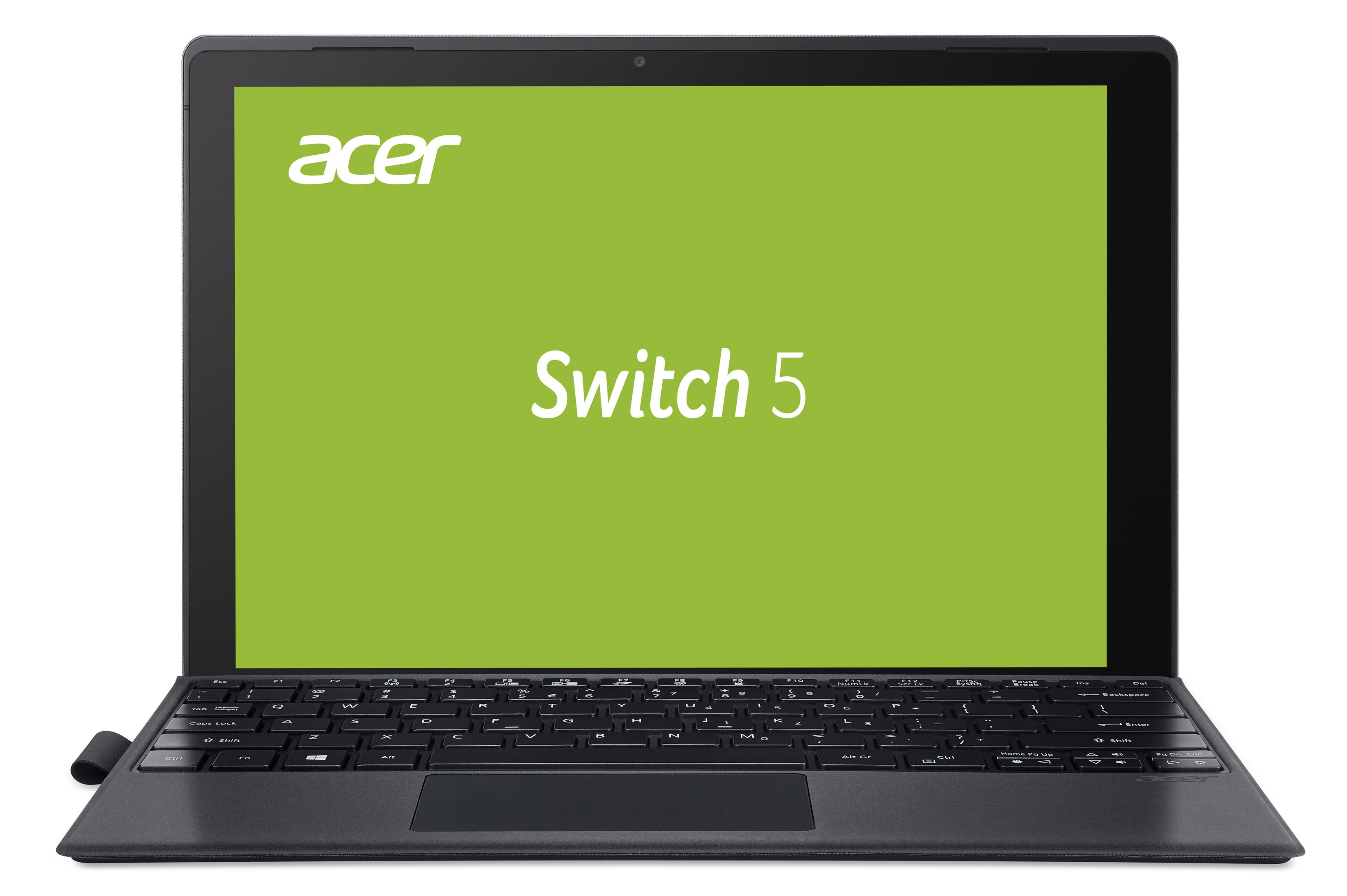 Ein Acer-Laptop, geöffnet, mit dem Bildschirm, der die Worte "Switch 5" vor einem grünen Hintergrund zeigt.