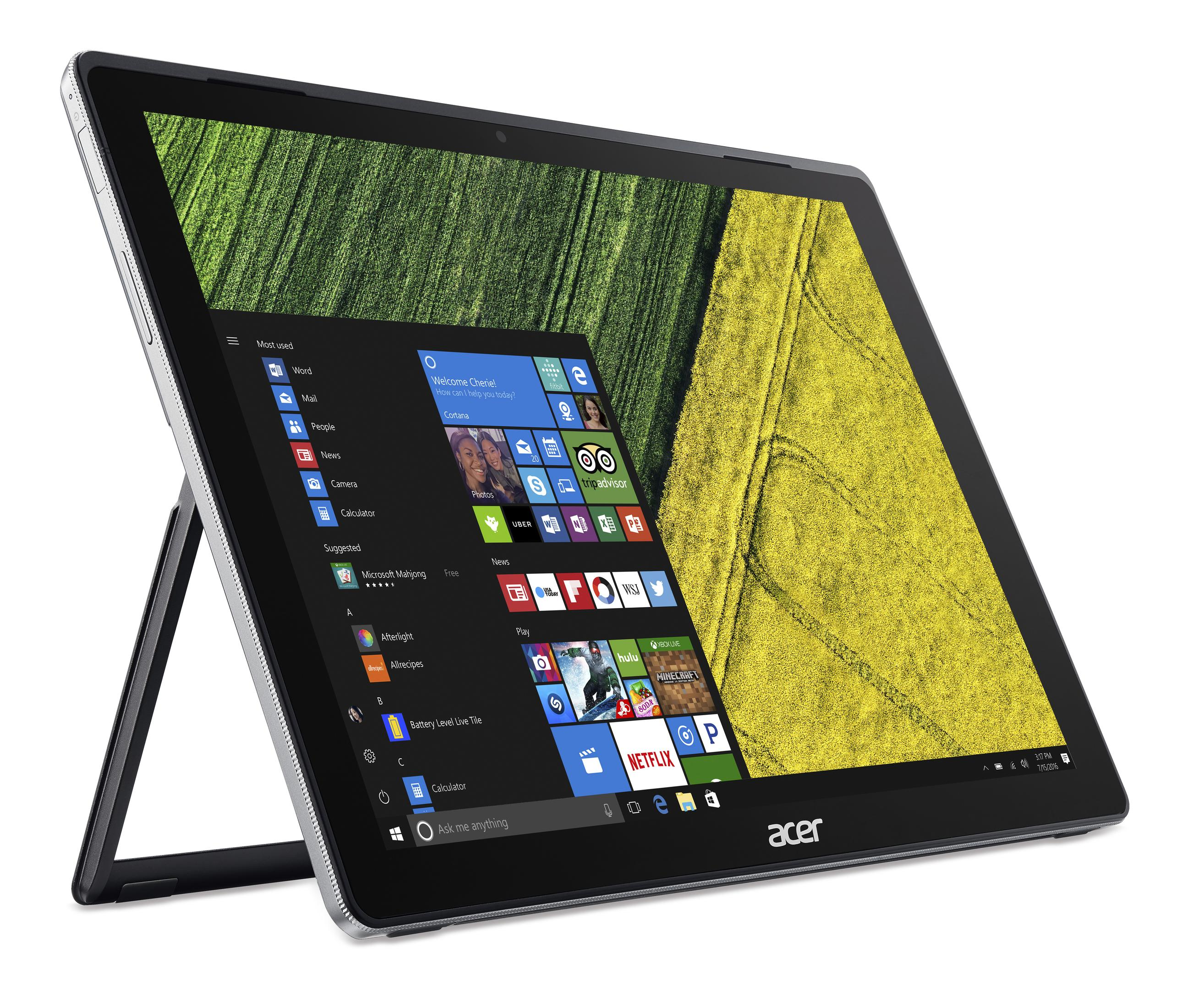 Tablet-Gerät, geöffnet, mit Windows-Oberfläche. Anzeige des Desktops mit Apps und einem Feld.