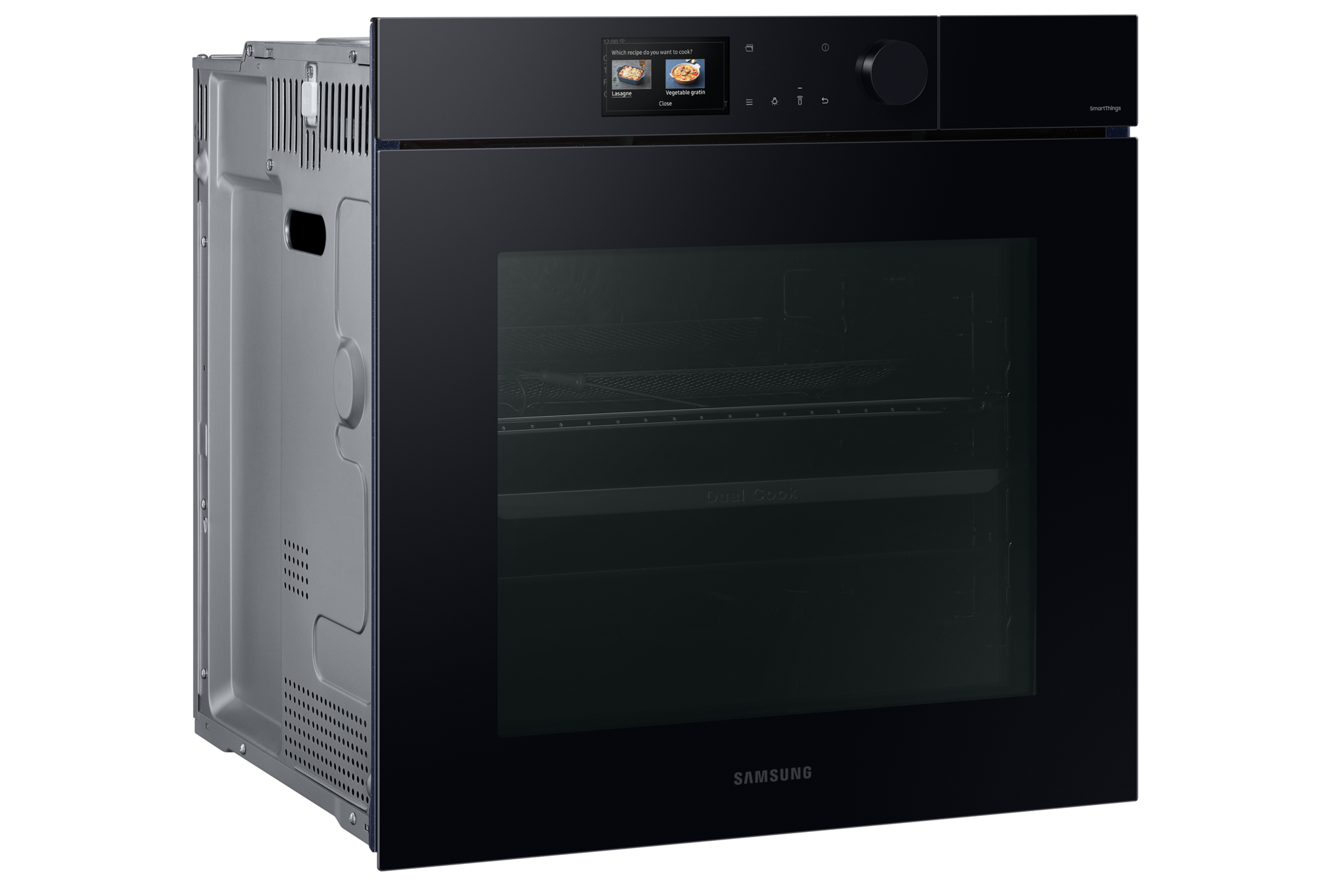 Schwarzer Backofen, schräge Ansicht, mit dunkler Glastür und Digitalanzeige.