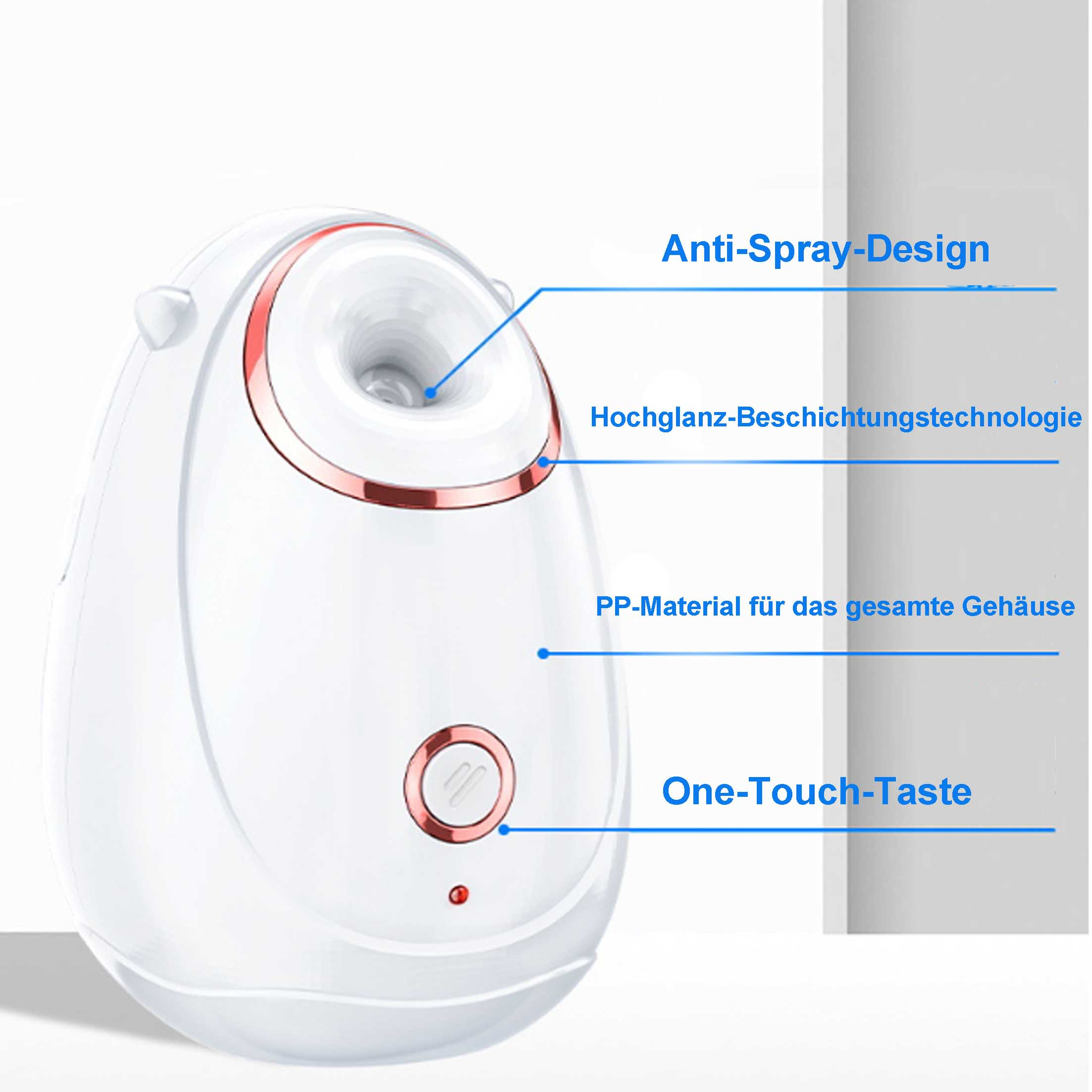 Ein weißer Gesichtsdampfer mit roten Akzenten, mit technischen Details beschriftet.