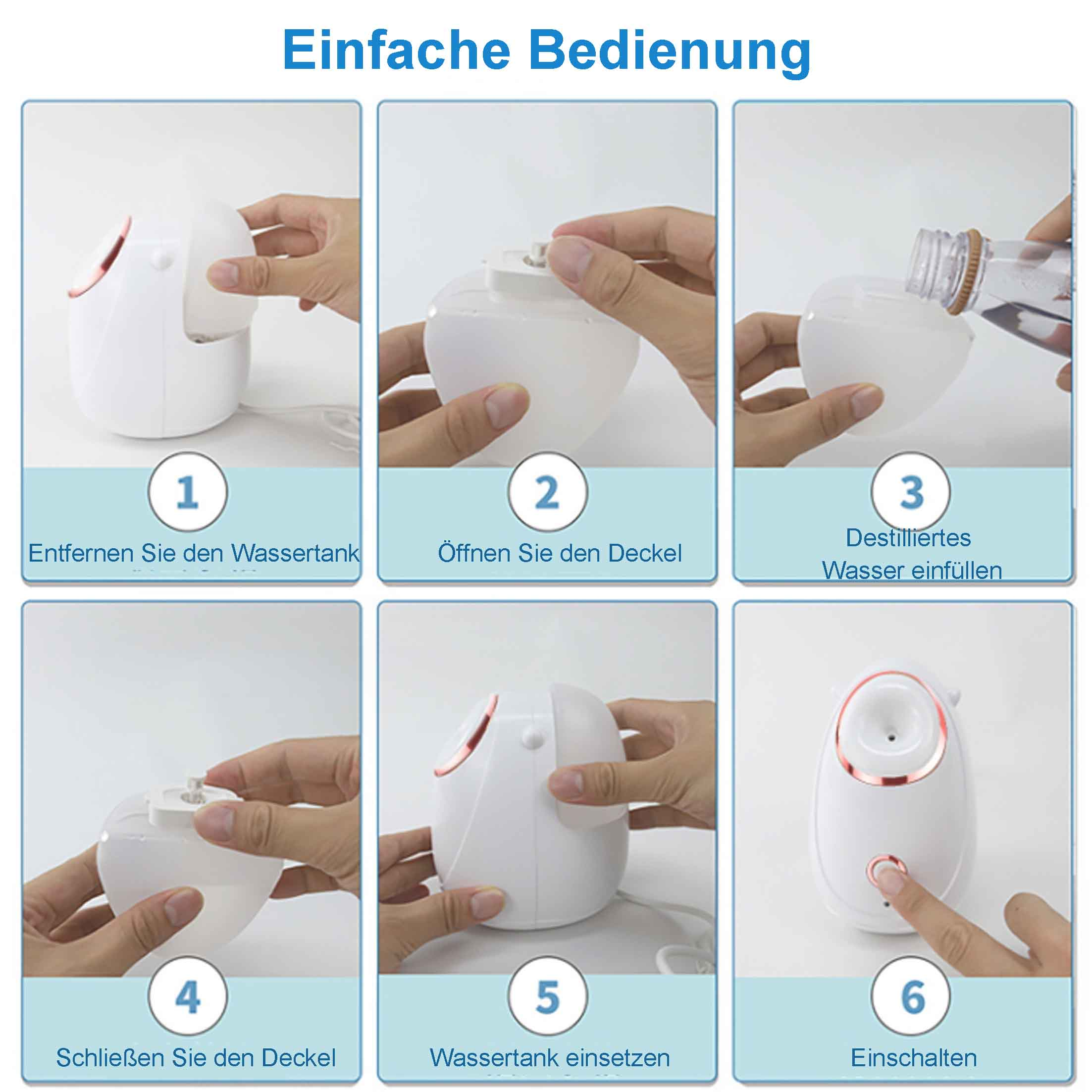 Schritt-für-Schritt-Anleitung für einen Gesichtsdampfer. Es beinhaltet das Entfernen des Tanks und das Hinzufügen von Wasser.