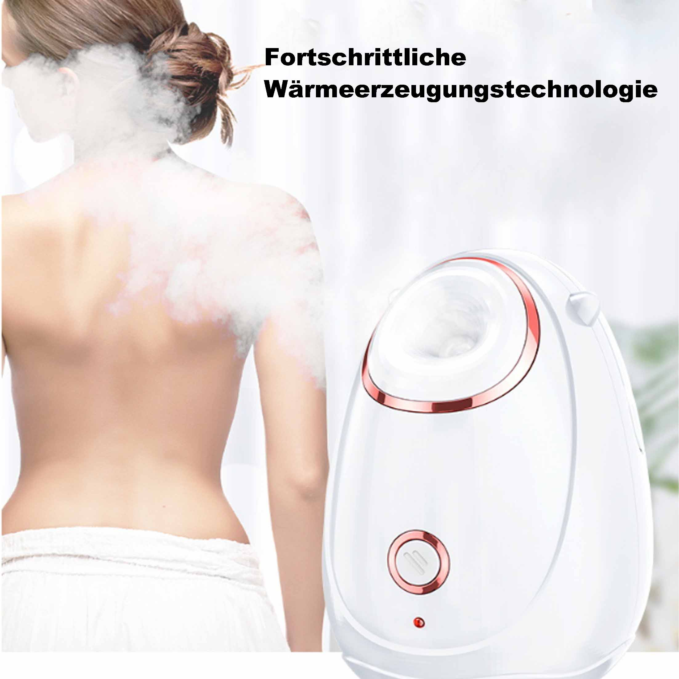 Rücken einer Frau mit Dampf, neben einem weißen Gesichtsdampfer mit rotem Akzent.
