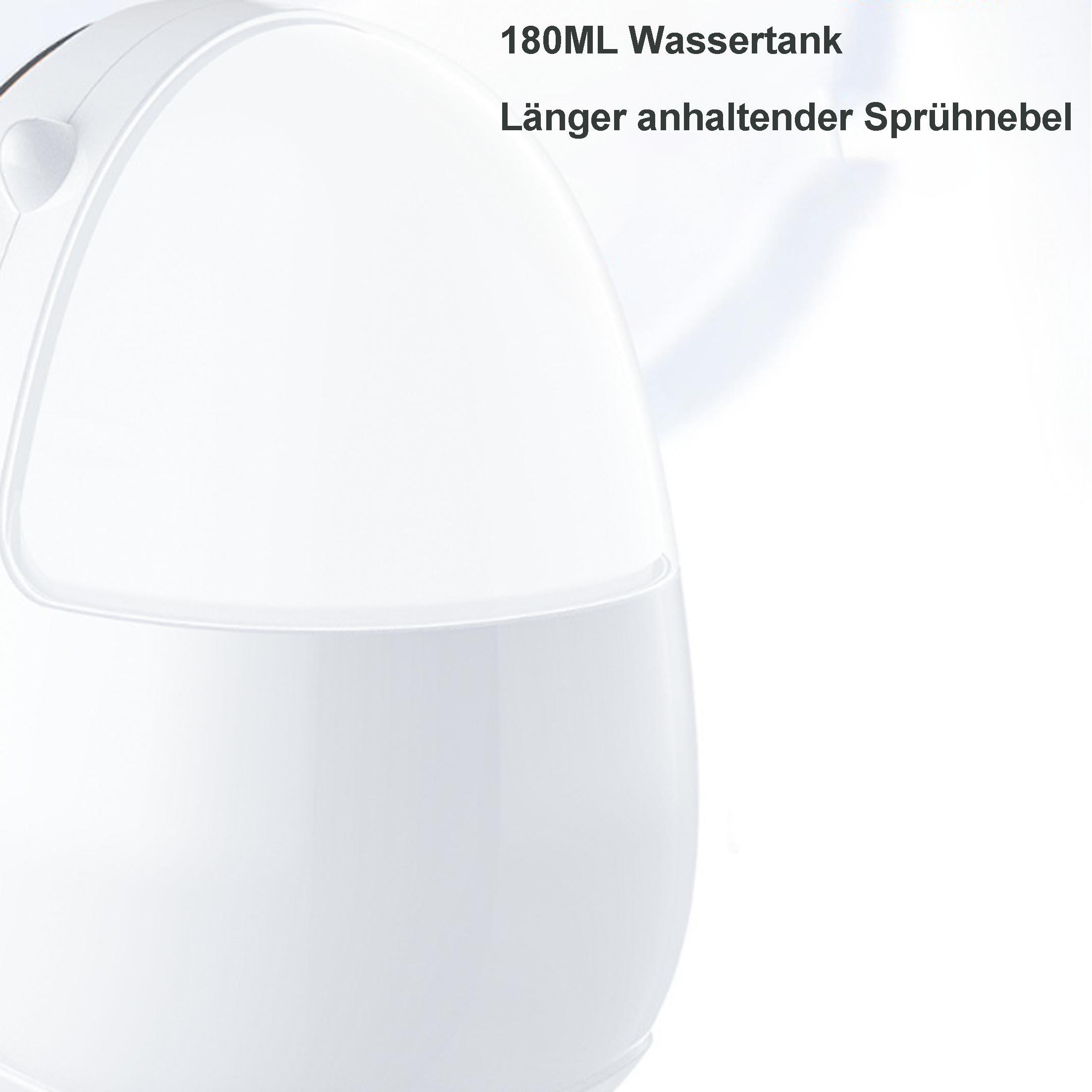 Weißer Luftbefeuchter mit Text. Nahaufnahme der Oberseite, zeigt Wassertank und Nebel.