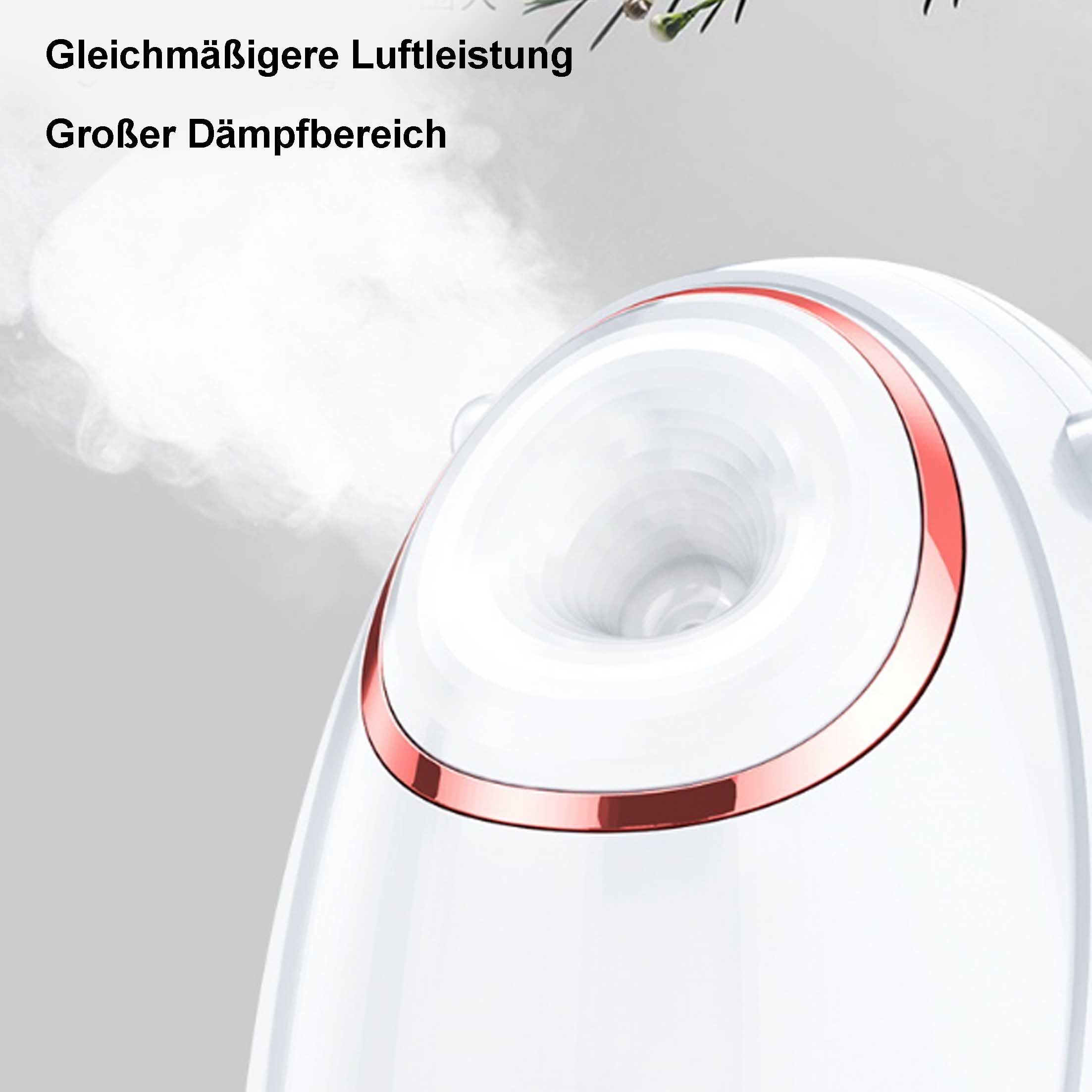 Ein weißer Gesichtsdampfer mit einer rot umrandeten Öffnung, der Dampf vor grauem Hintergrund ausstößt.